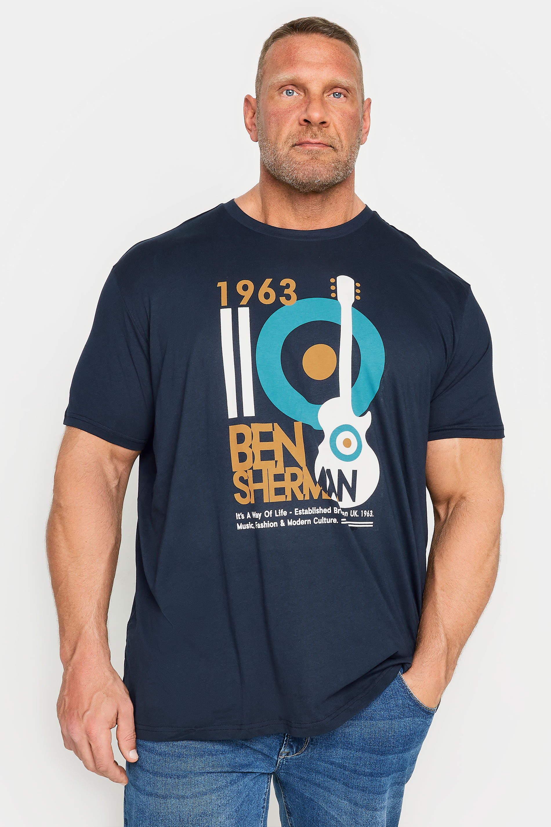 BEN SHERMAN Big & Tall Blue Mod Guitar Print T-Shirt | BadRhino 1