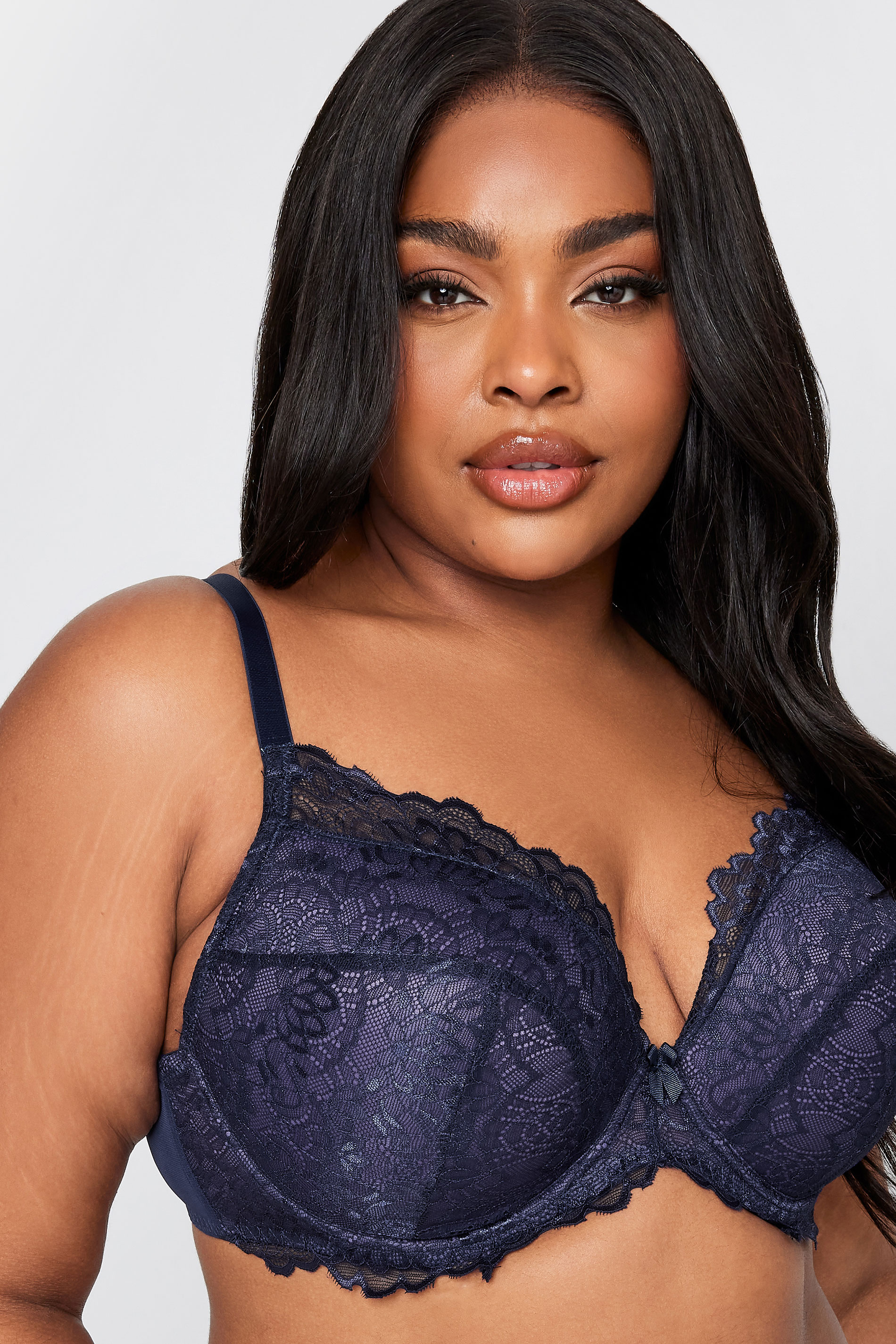 Plus Size Ink Blue Lace Padded Underwired Plunge Bra | Yours Clothing 3