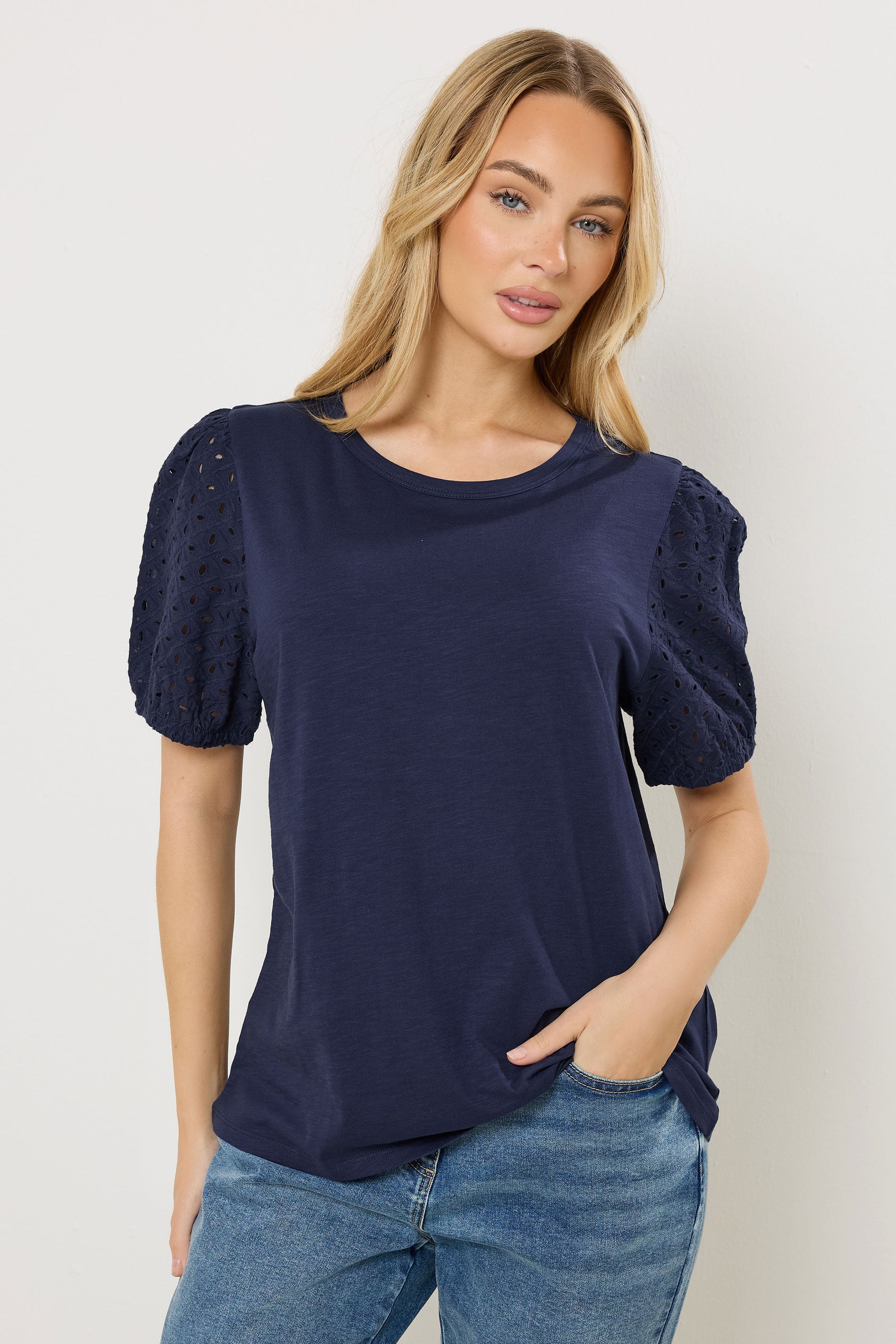 M&Co Navy Blue Broderie Cotton Puff Sleeve Top | M&Co 3