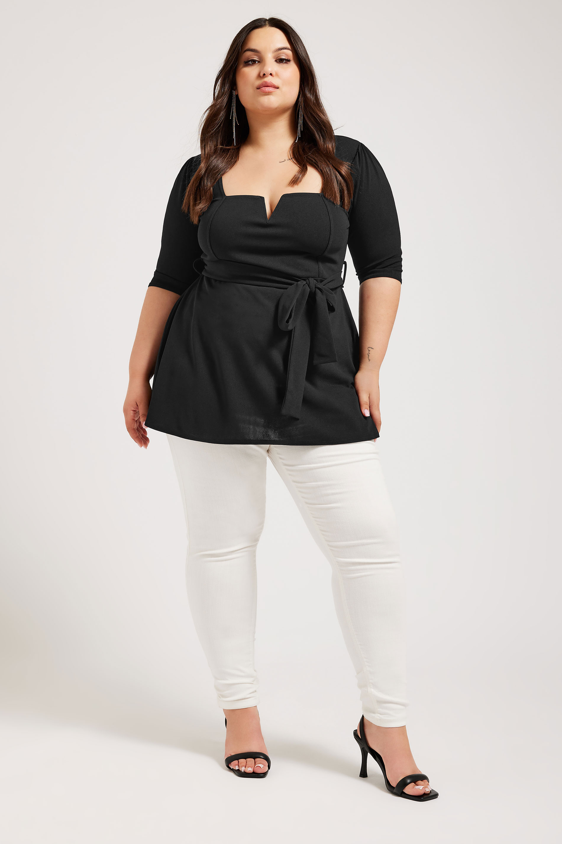 YOURS LONDON Plus Size Black Notch Neck Peplum Top | Yours Clothing 1