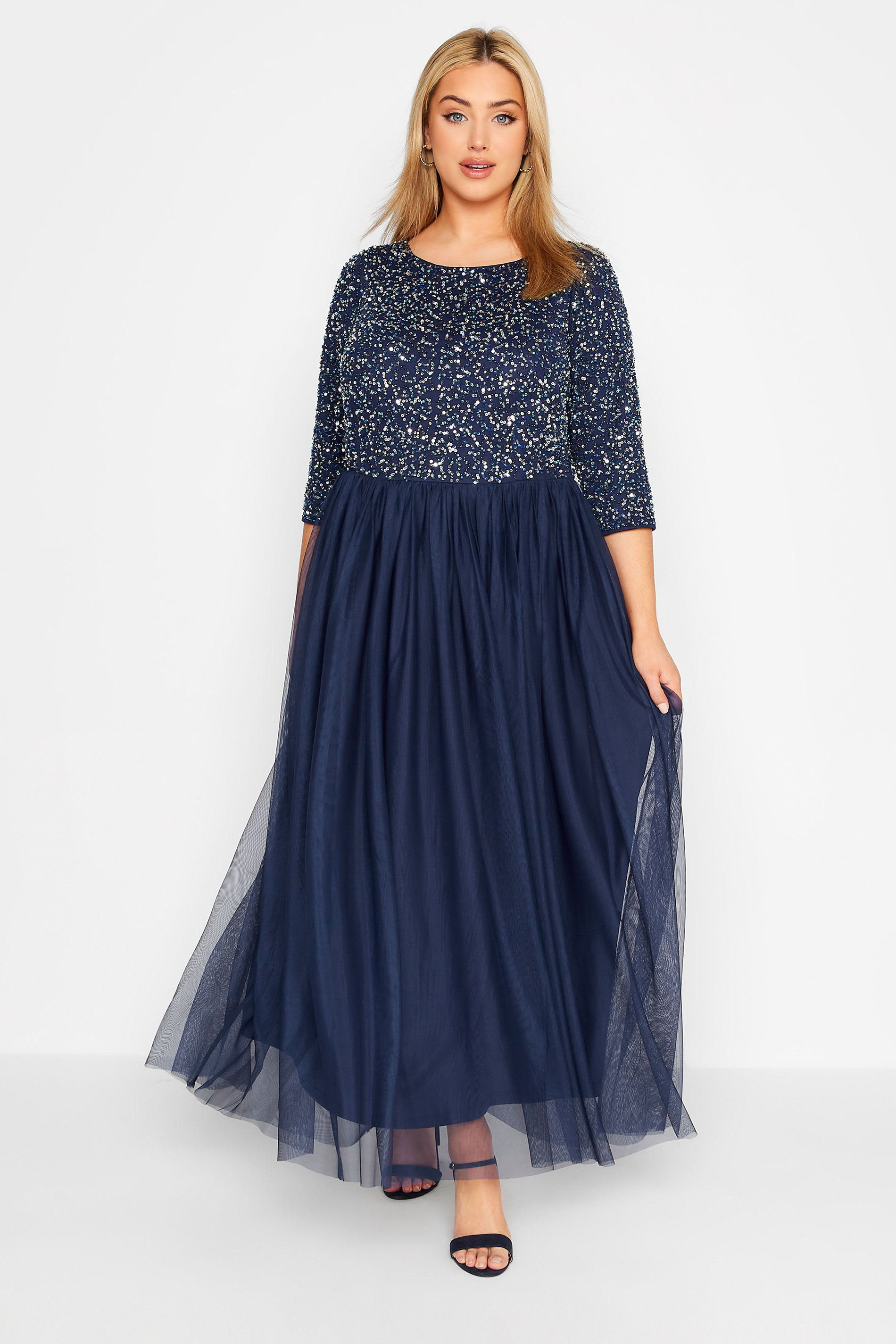 LUXE Plus Size Navy Blue Sequin Hand Embellished Maxi Dress | Yours Clothing  2