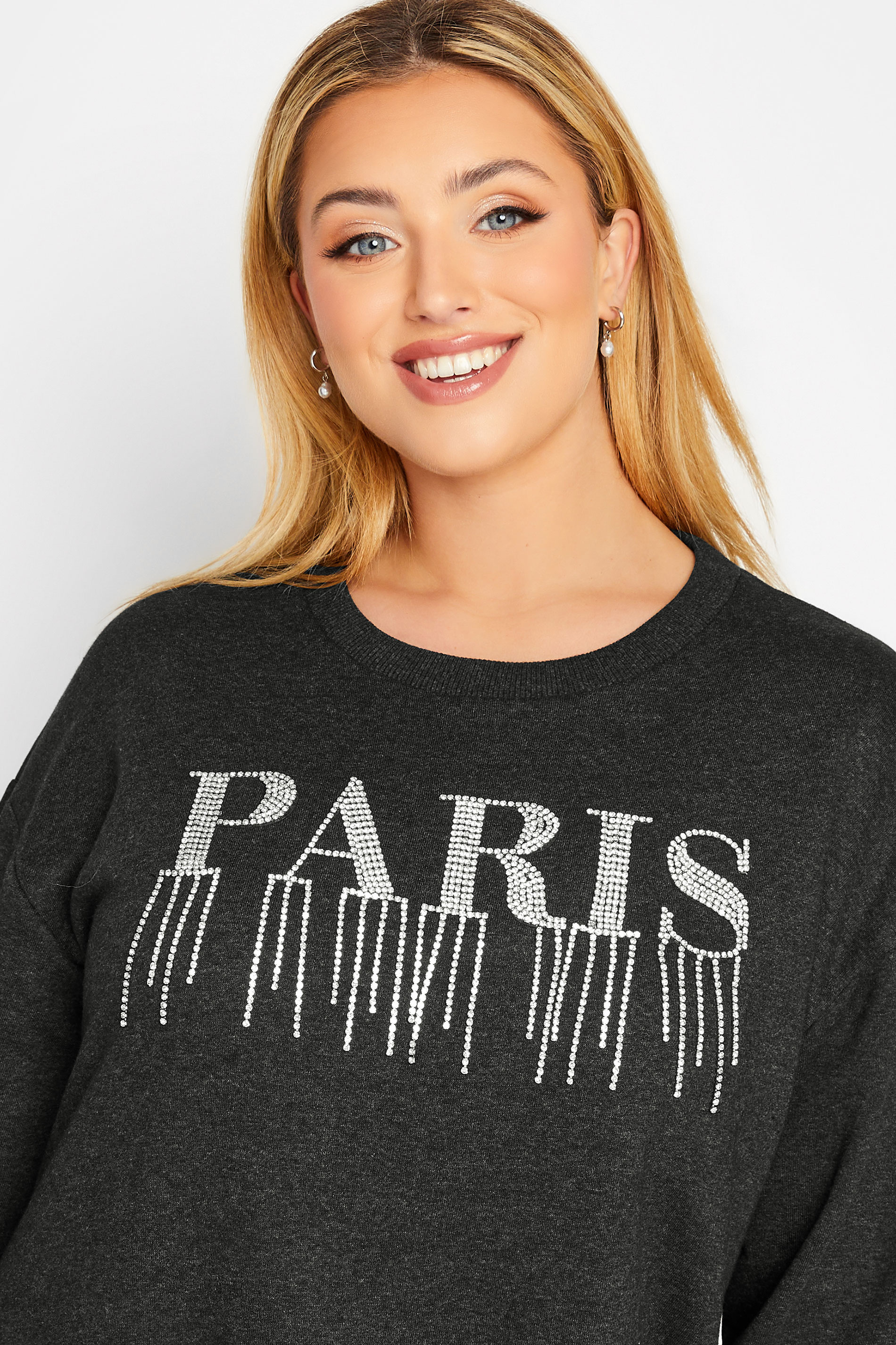 YOURS LUXURY Plus Size Charcoal Grey 'Paris' Diamante Embellished Sweatshirt | Yours Clothing 1