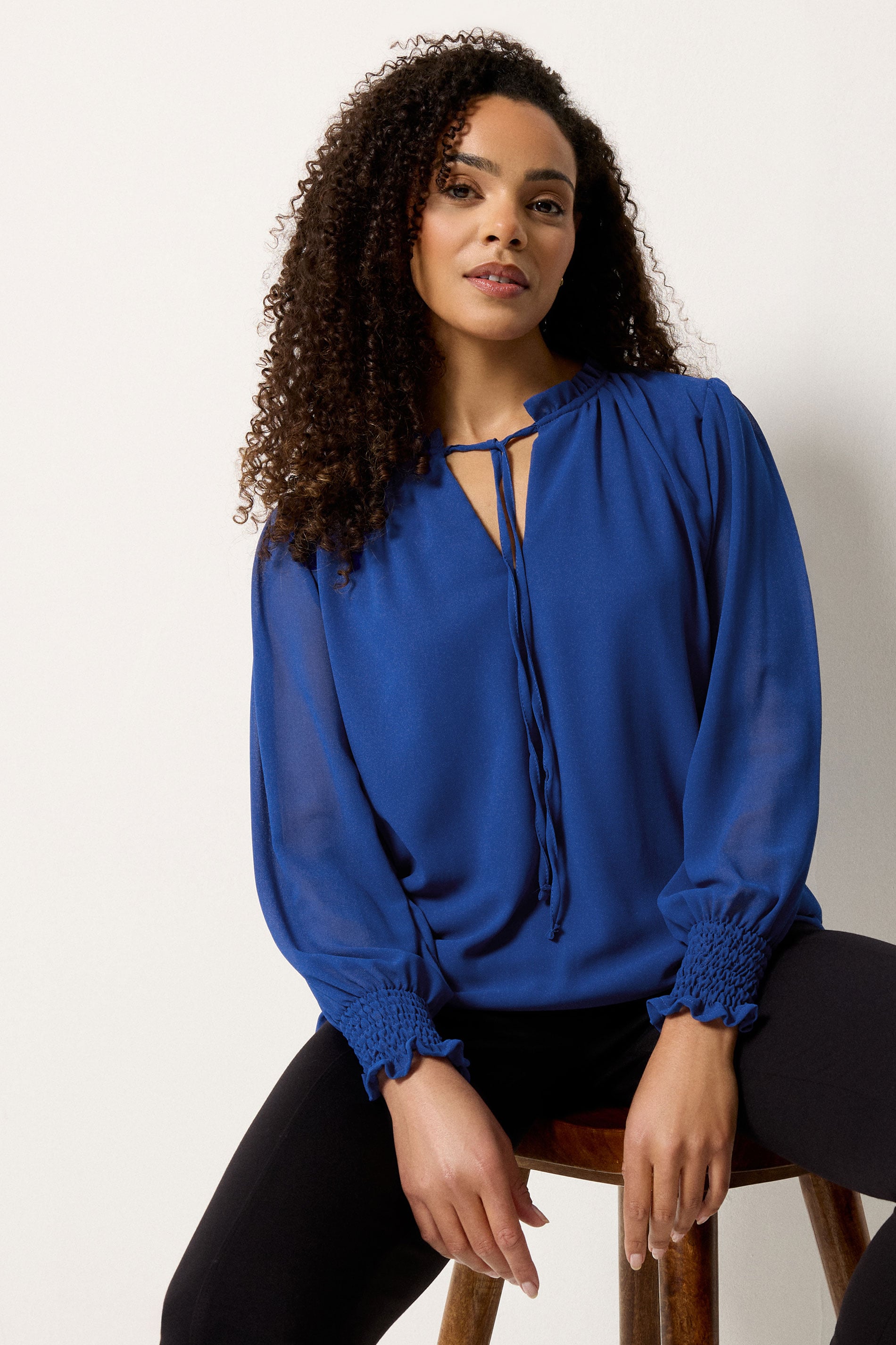 M&Co Cobalt Blue Tie Neck Blouse | M&Co 3