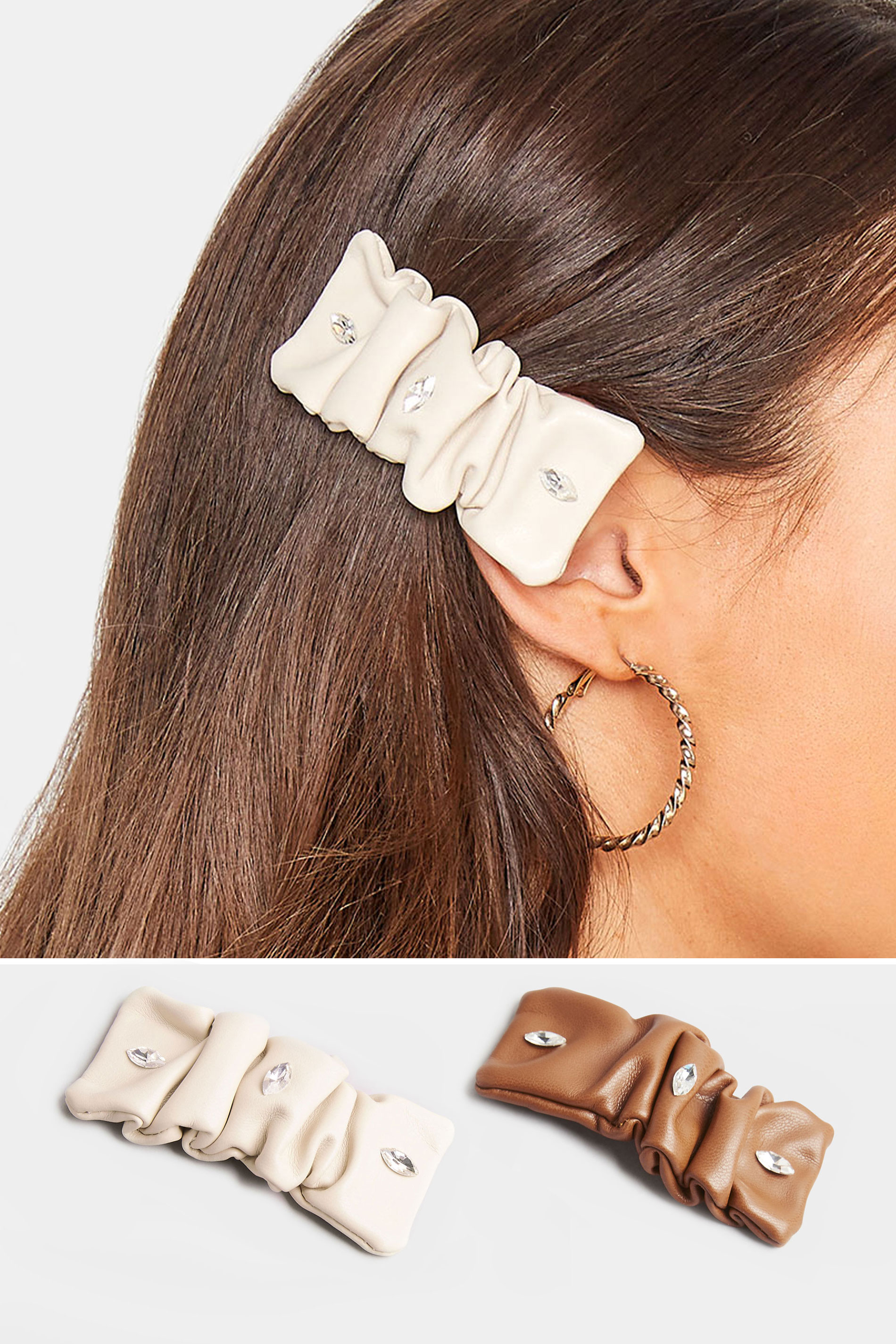 2 PACK Beige Brown Ruched Embellished Hair Clips | Yours Clothing 1