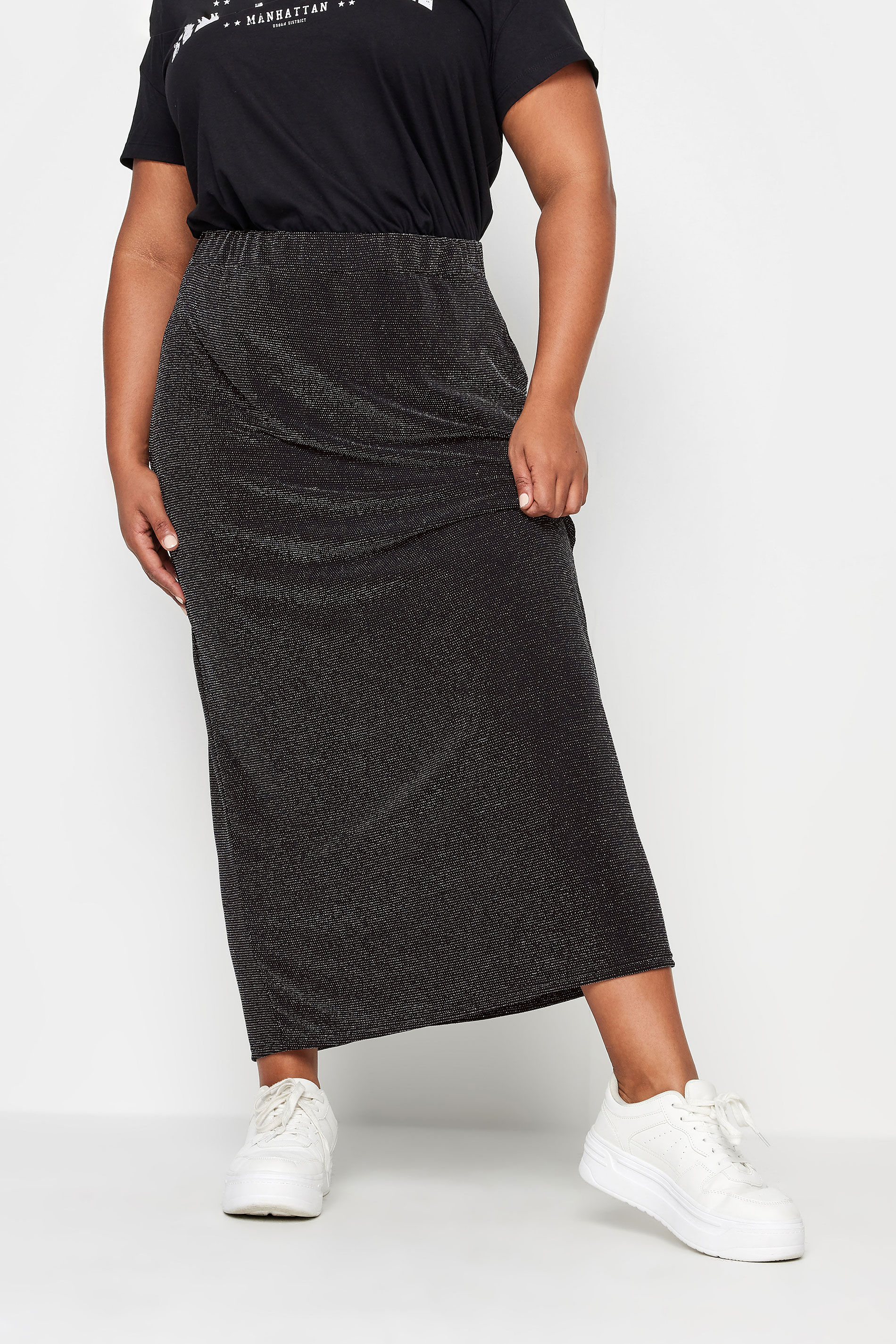 YOURS Plus Size Black Glitter Maxi Skirt | Yours Clothing 1