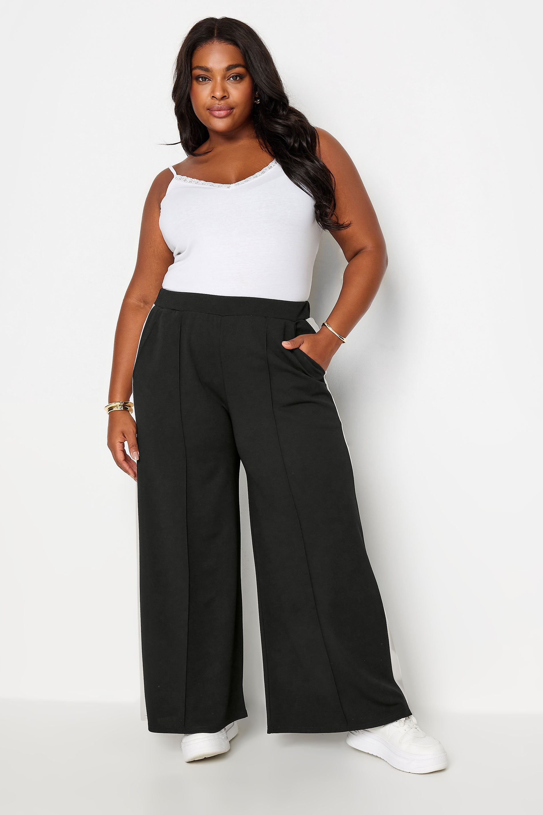 YOURS Plus Size Black Side Stripe Wide Leg Trousers | Yours Clothing 2
