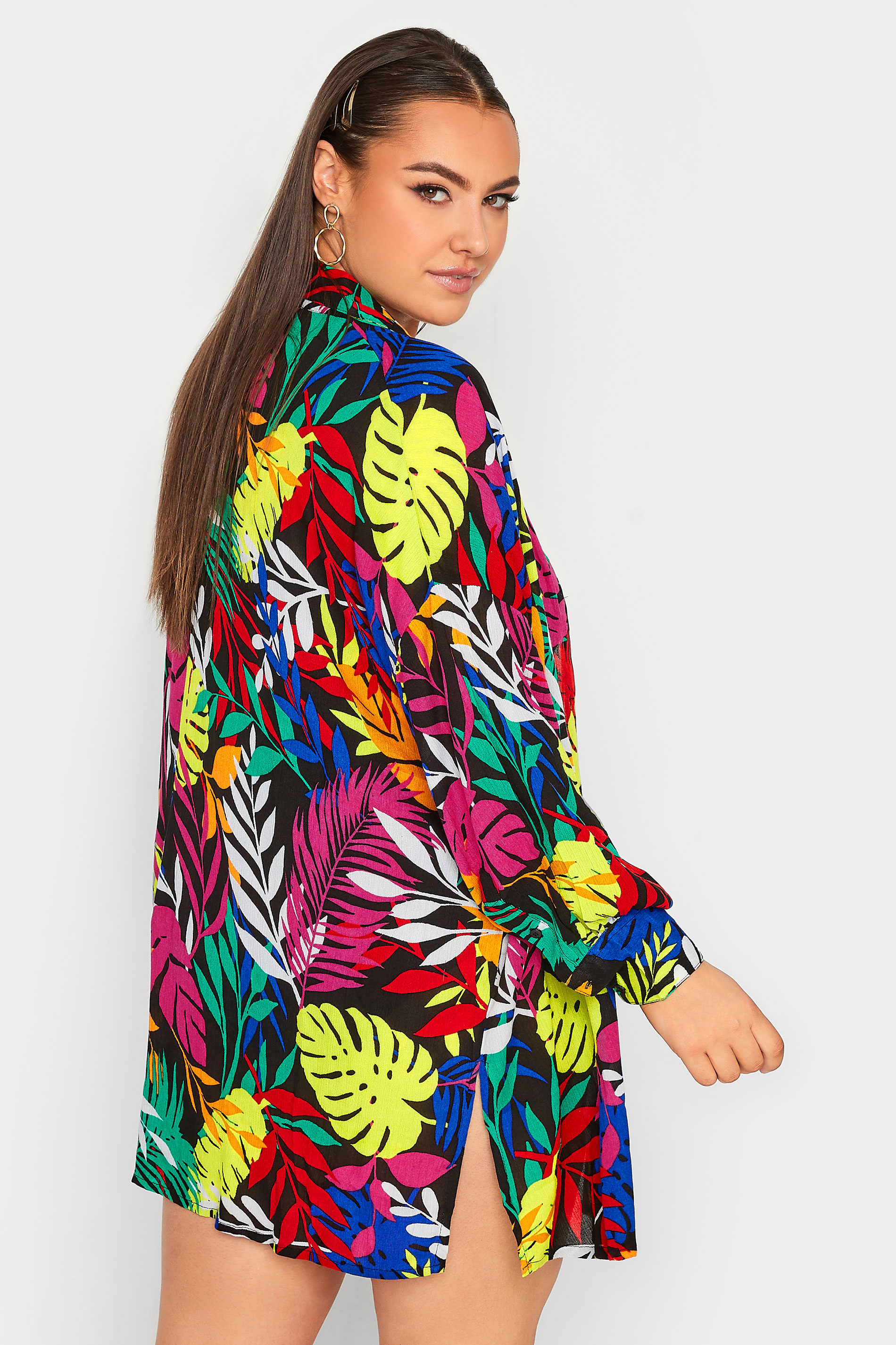 YOURS Plus Size Black Tropical Print Crinkle Beach Shirt | Yours Clothing 3