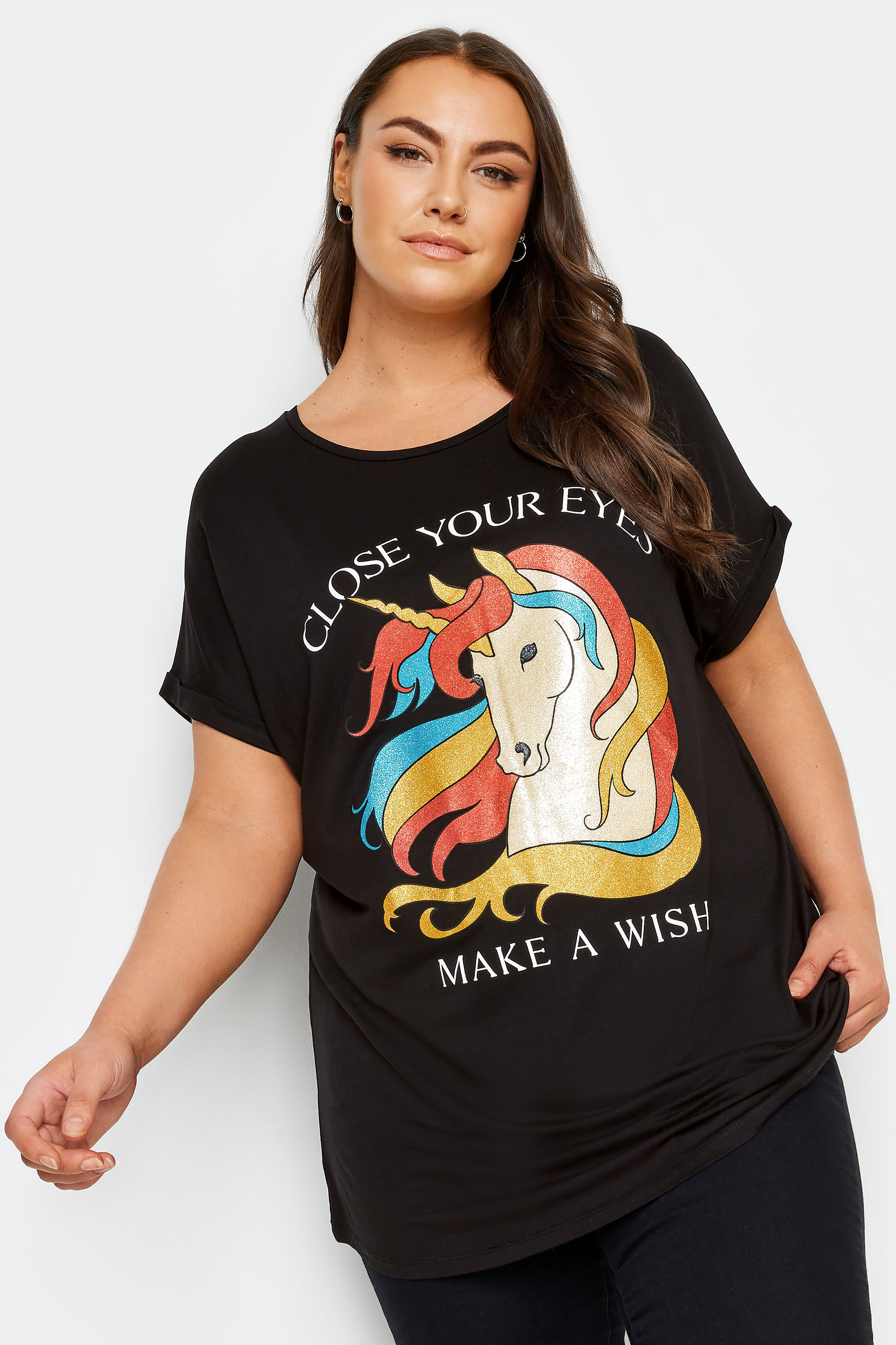 YOURS Plus Size Black Unicorn Wish Glitter Embellished T-Shirt | Yours Clothing 1
