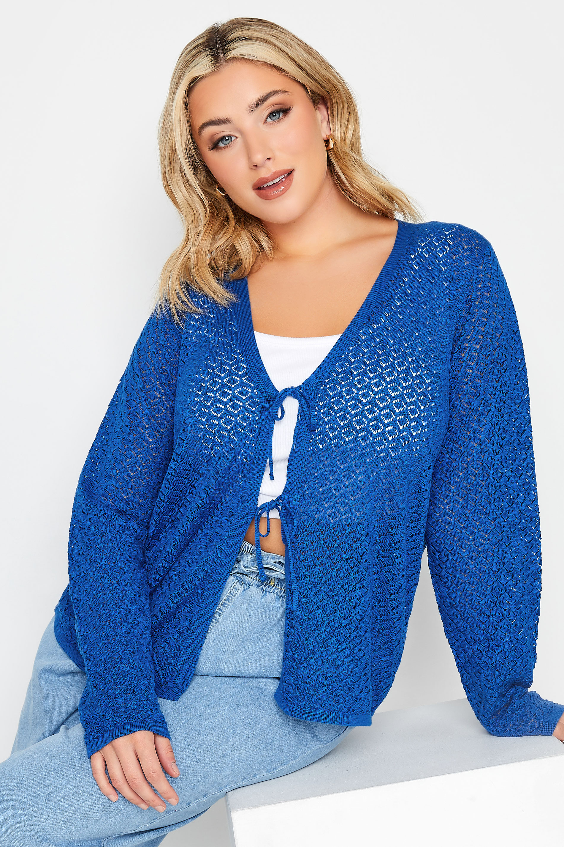 YOURS Curve Plus Size Cobalt Blue Tie Knot Front Cardigan | Yours Clothing  1