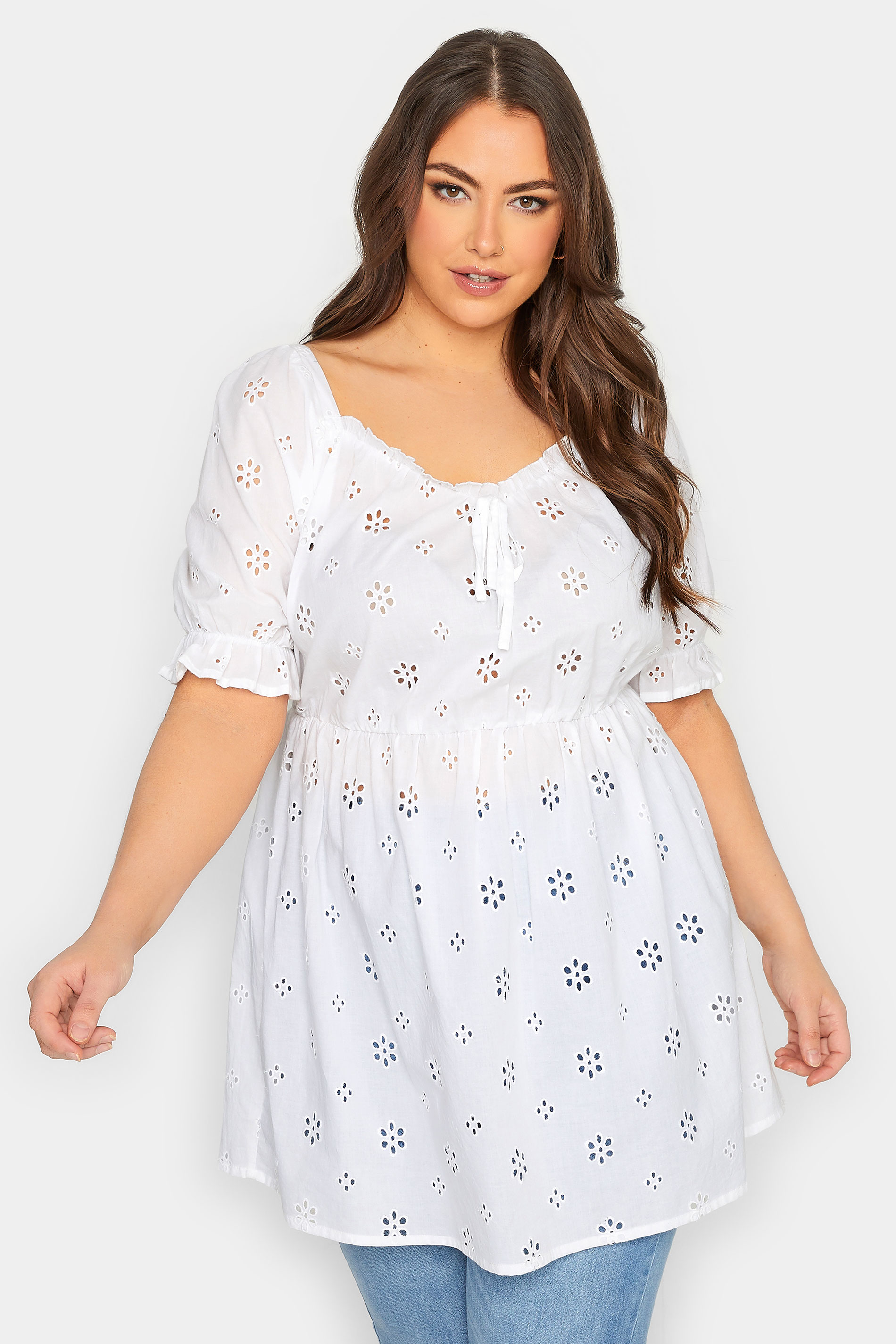 YOURS Plus Size Curve White Broderie Anglaise Peplum Top | Yours Clothing  1