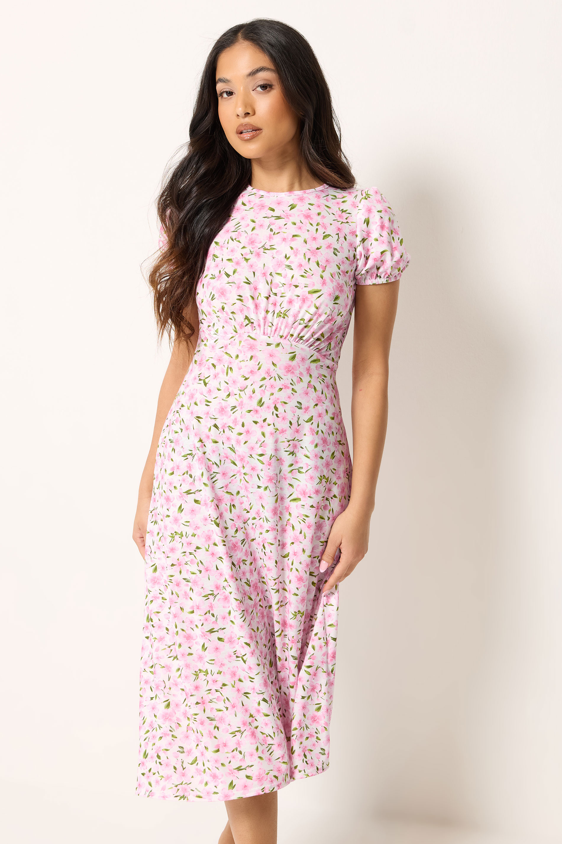 PixieGirl Petite Women's Pink & White Floral Midi Dress | PixieGirl 3