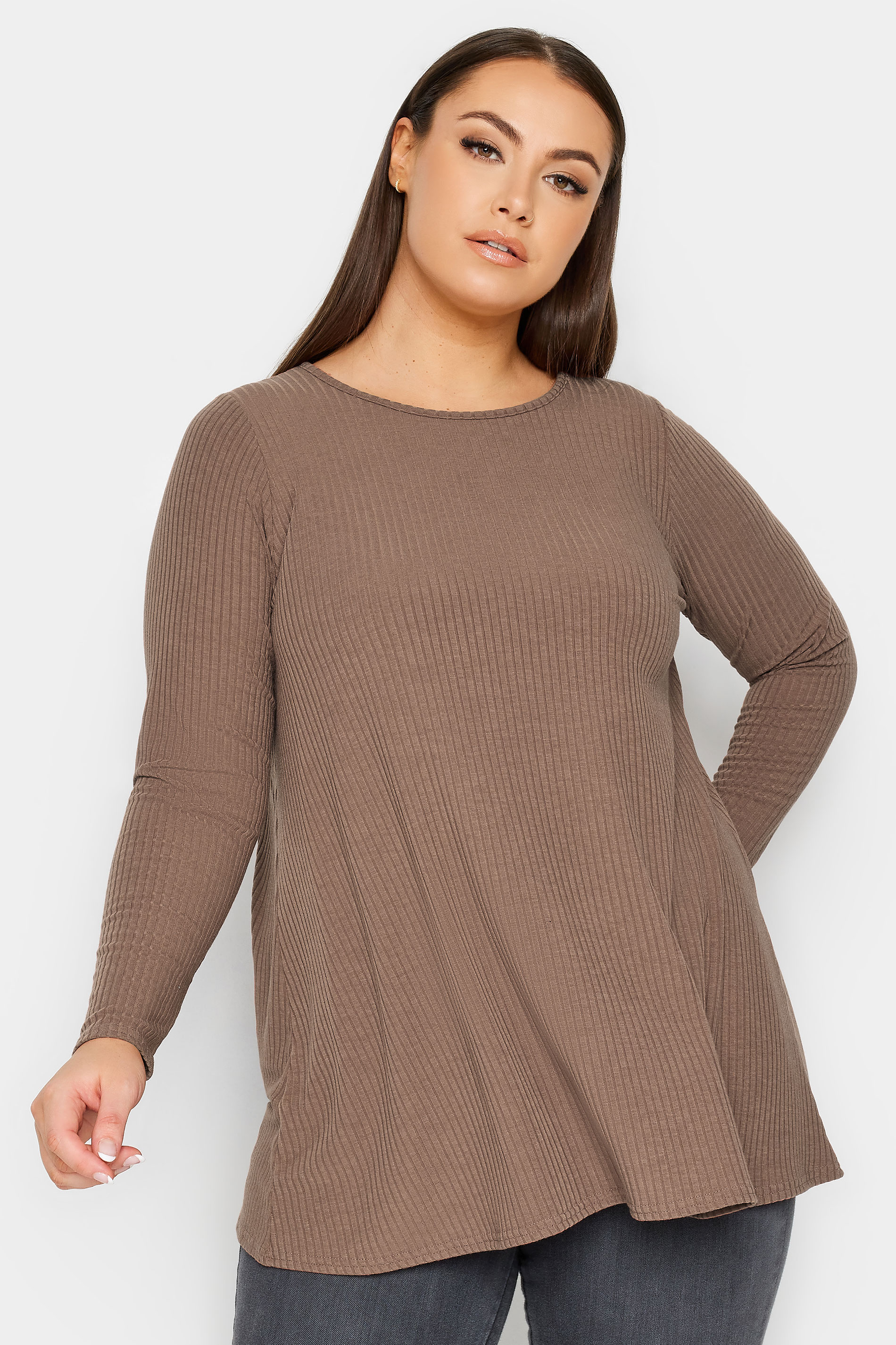 YOURS Plus Size Chocolate Brown Ribbed Swing T-Shirt | Yours Clothing 1
