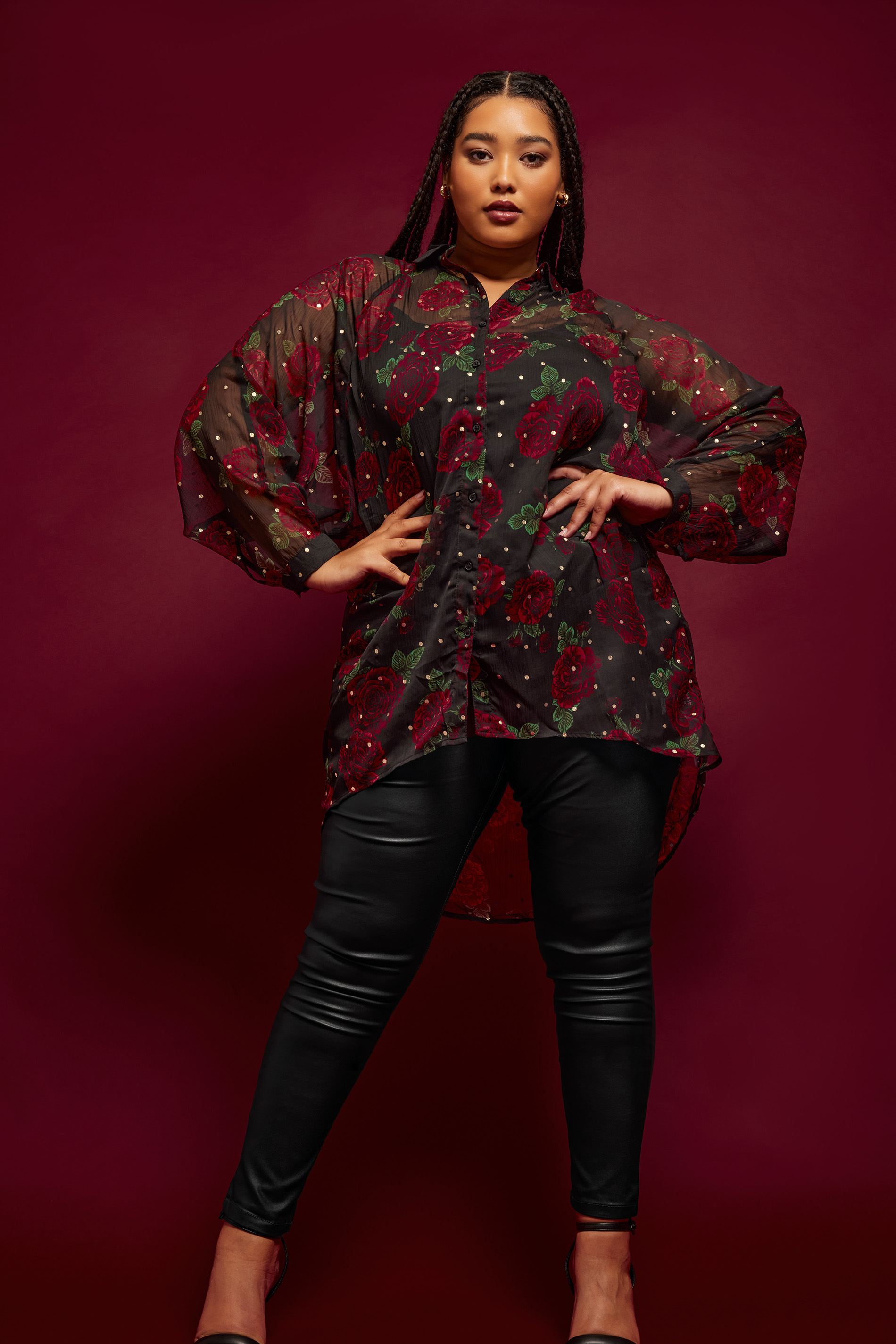 YOURS Curve Black Rose Print Dipped Back Shirt | Yours Clothing 1