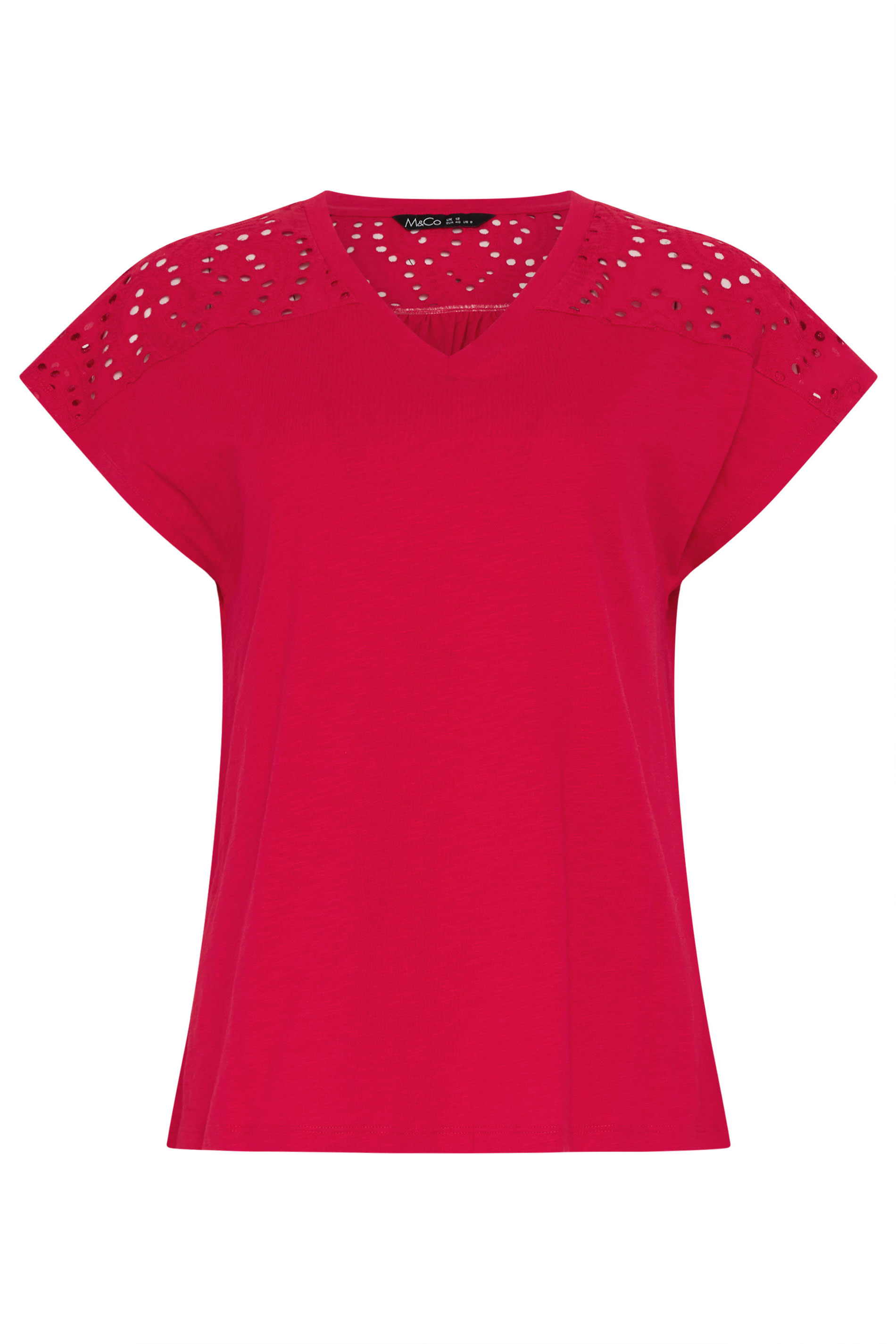 M&Co Red Broderie V-Neck Cotton T-Shirt | M&Co  5