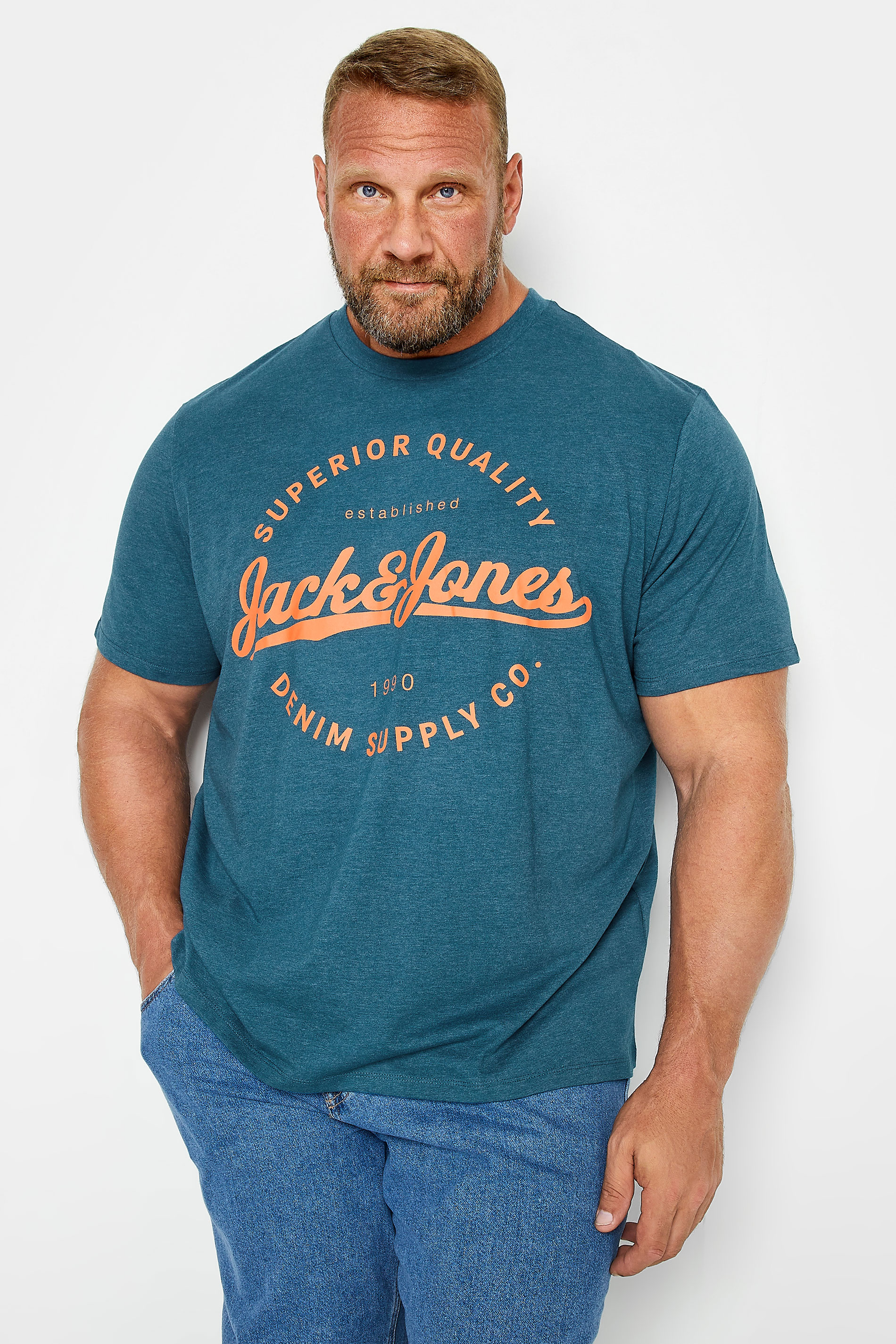 JACK & JONES Big & Tall Blue & Orange Logo Print Short Sleeve T-Shirt | BadRhino  1