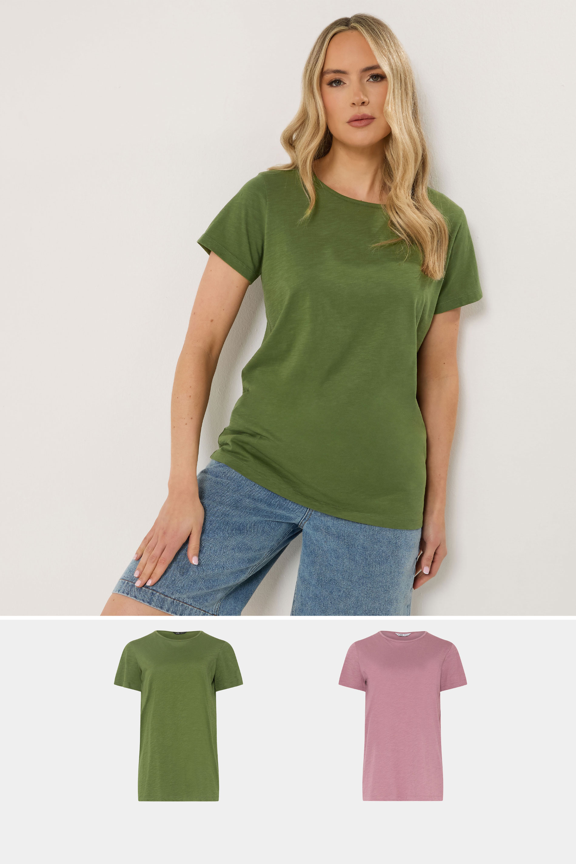 LTS Tall 2 PACK Women's Olive Green & Pink Marl Cotton T-Shirt | Long Tall Sally 3