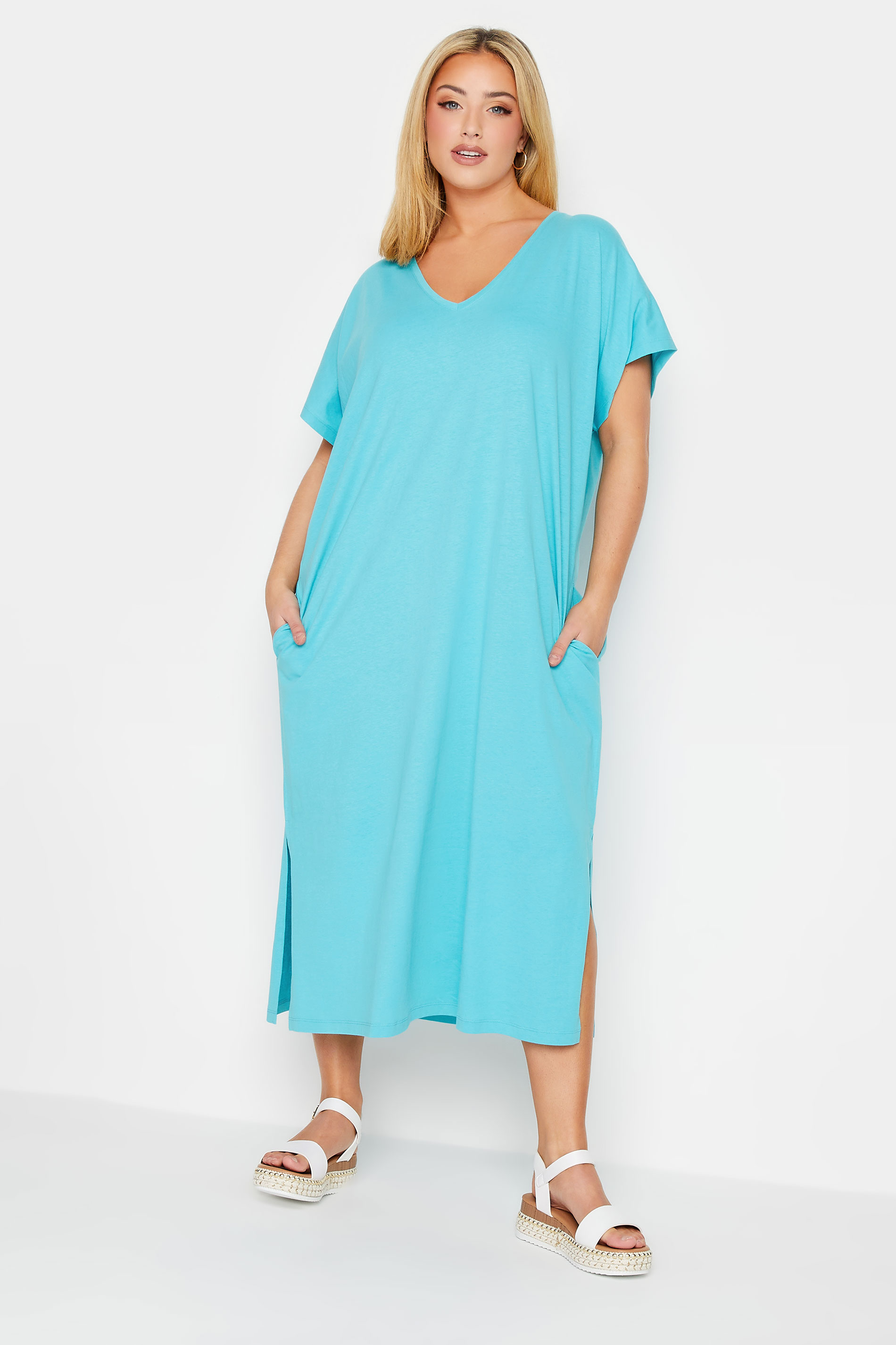 YOURS Plus Size Blue Side Split Midaxi T-Shirt Dress | Yours Clothing 1