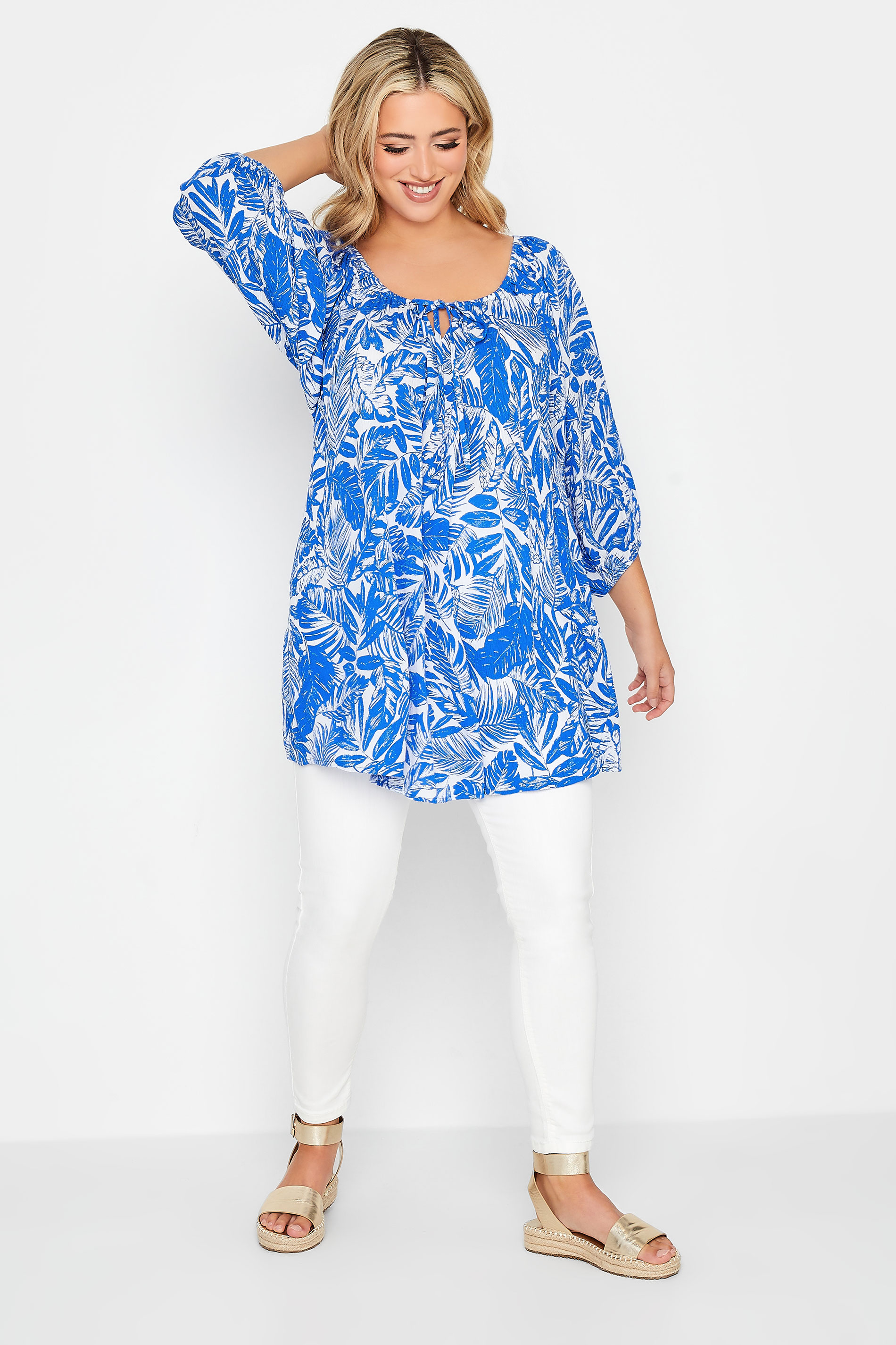 YOURS Plus Size Blue Leaf Print Tie Neck Top | Yours Clothing 2