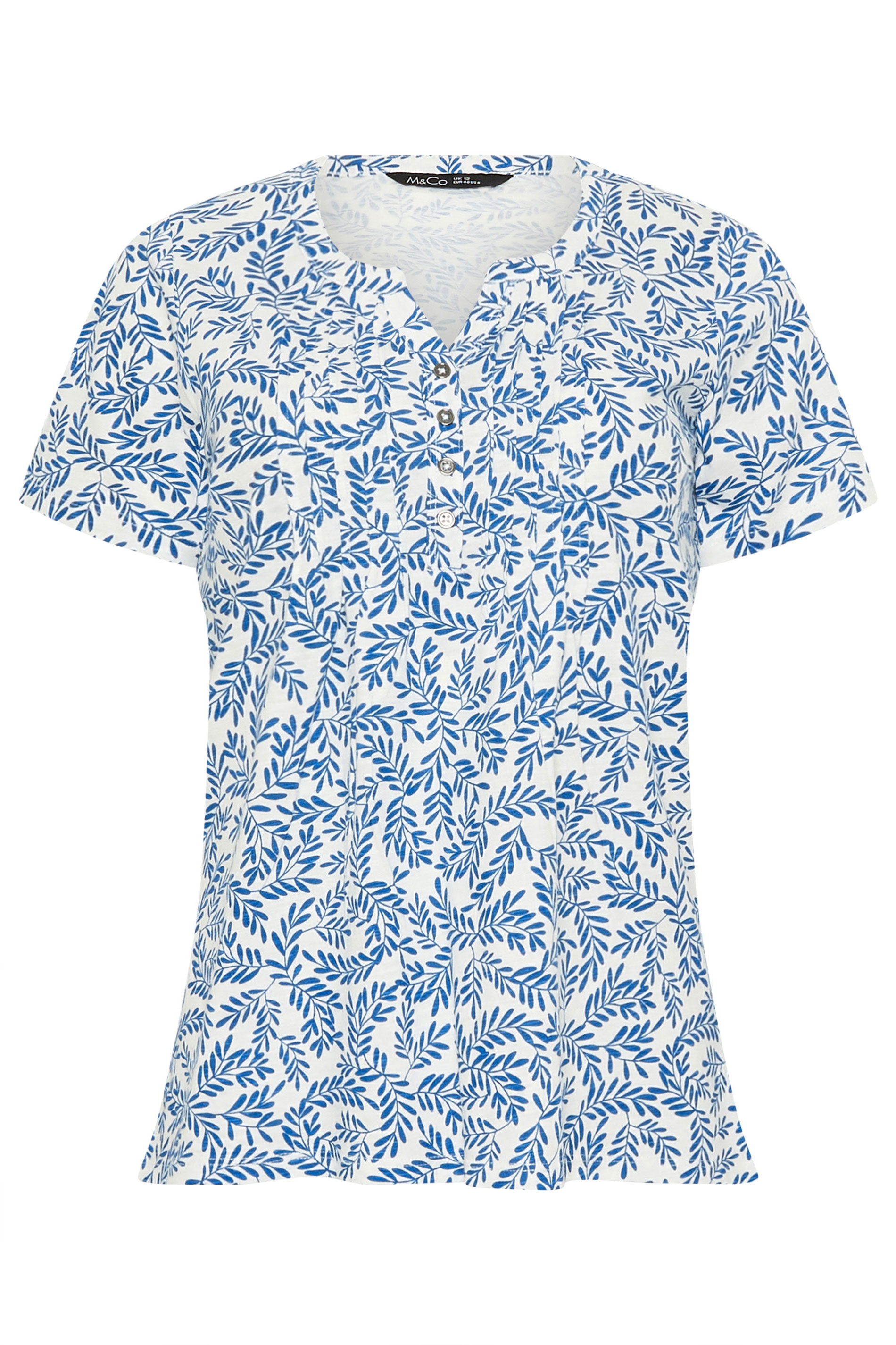 M&Co Blue & White Leaf Print Cotton Henley Top | M&Co 5
