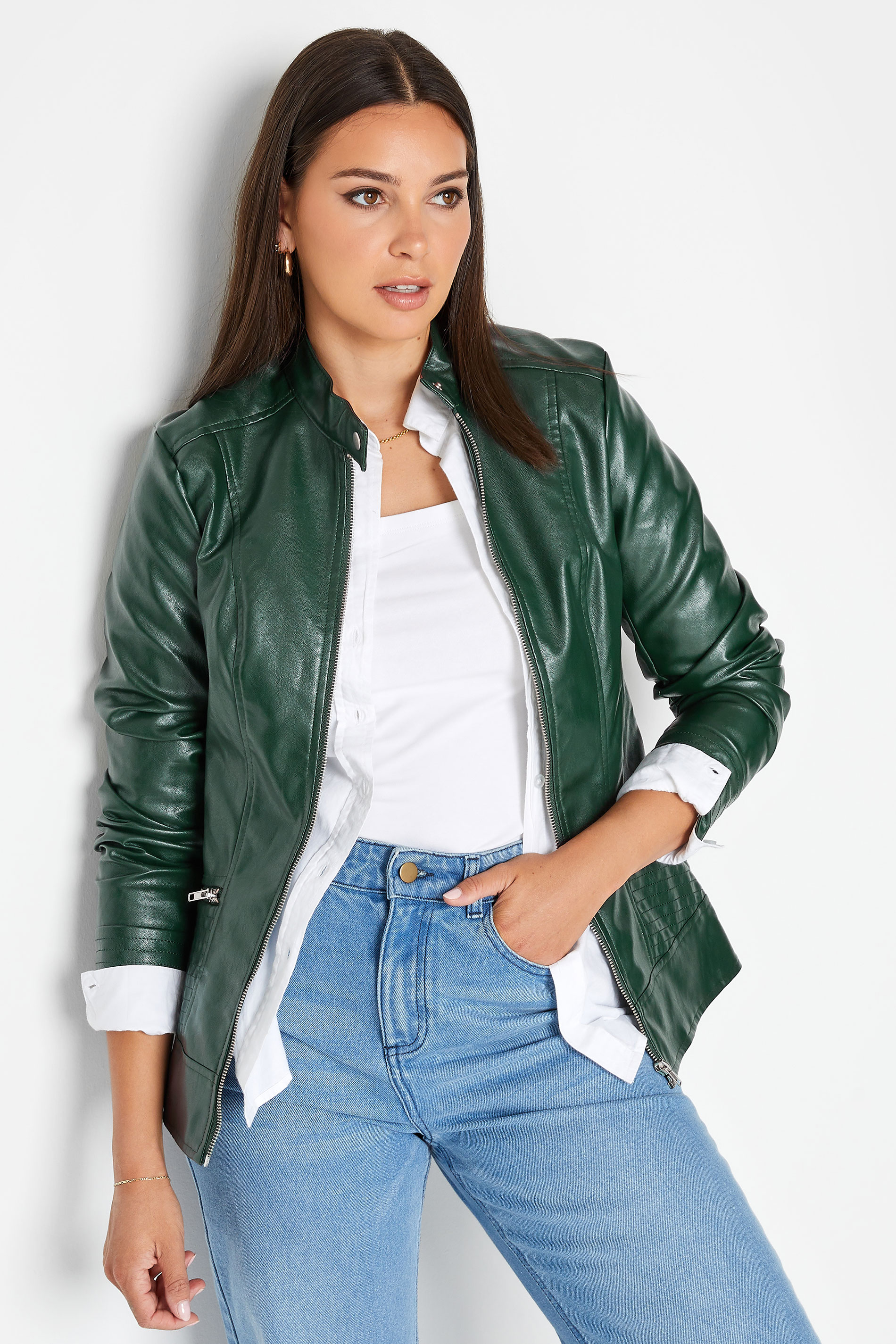 LTS Tall Forest Green Leather Funnel Neck Jacket | Long Tall Sally  2