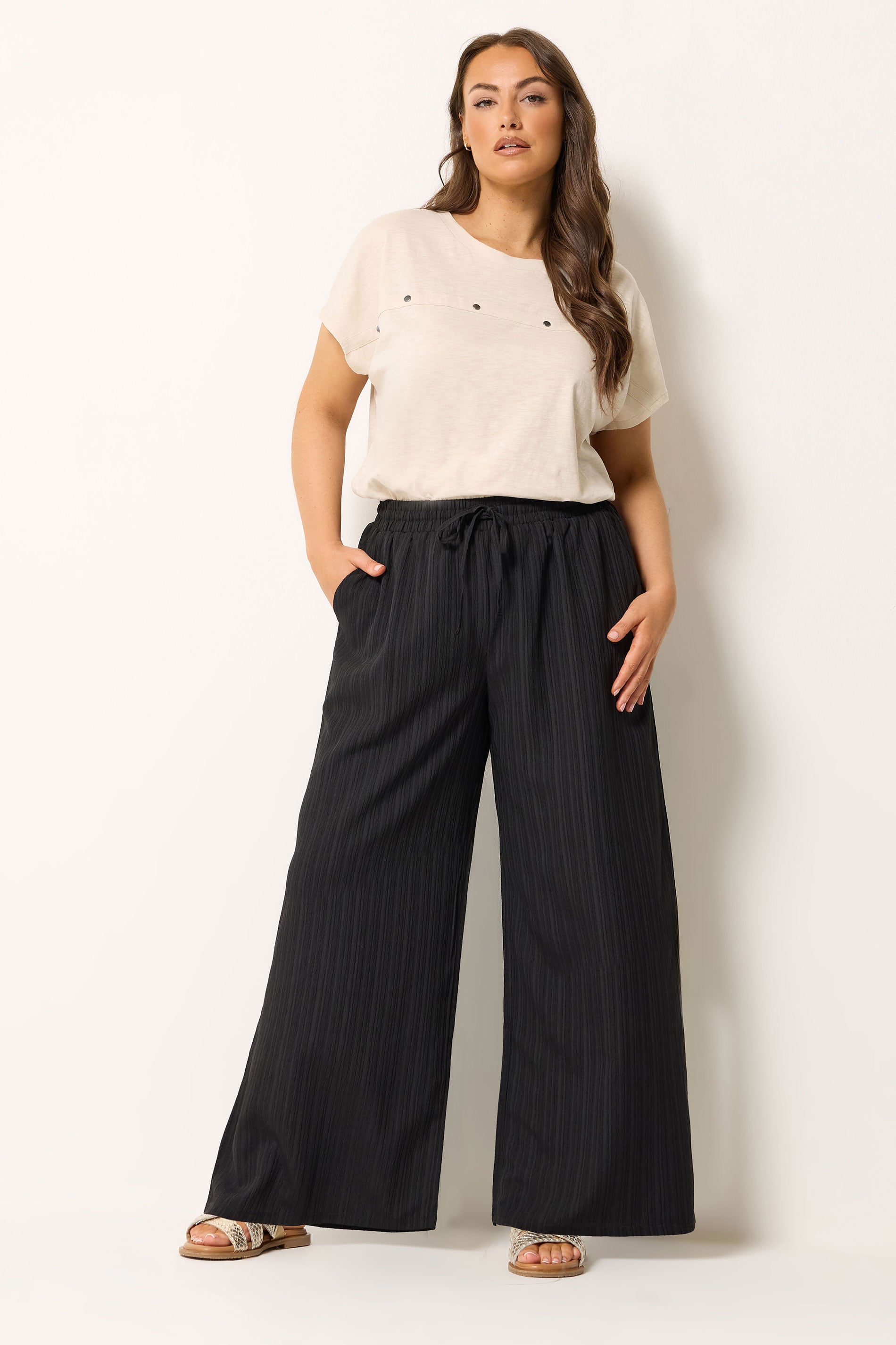 YOURS Plus Size Brown Wide Leg Textured Trousers | Yours Clothing 3