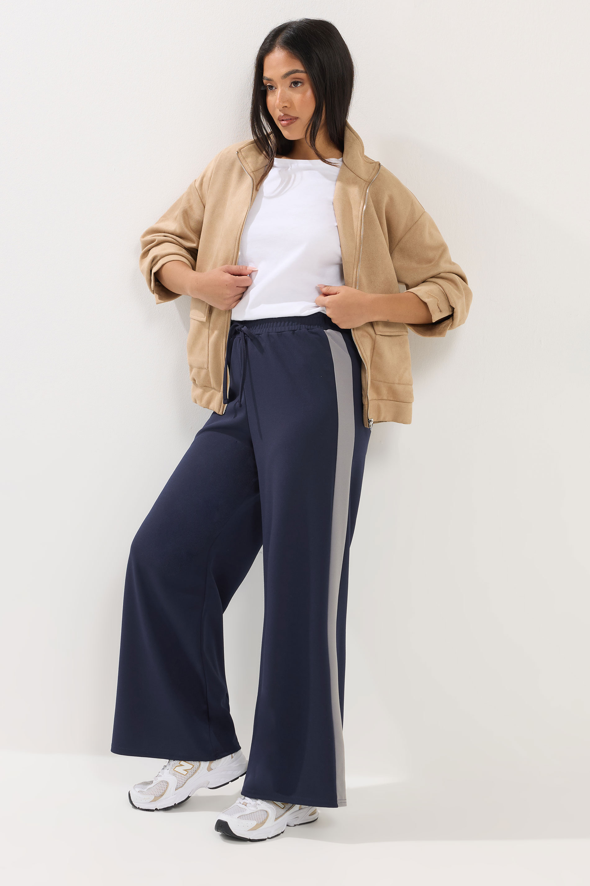 PixieGirl Petite Women's Navy Blue Side Stripe Wide Leg Trousers | PixieGirl 3