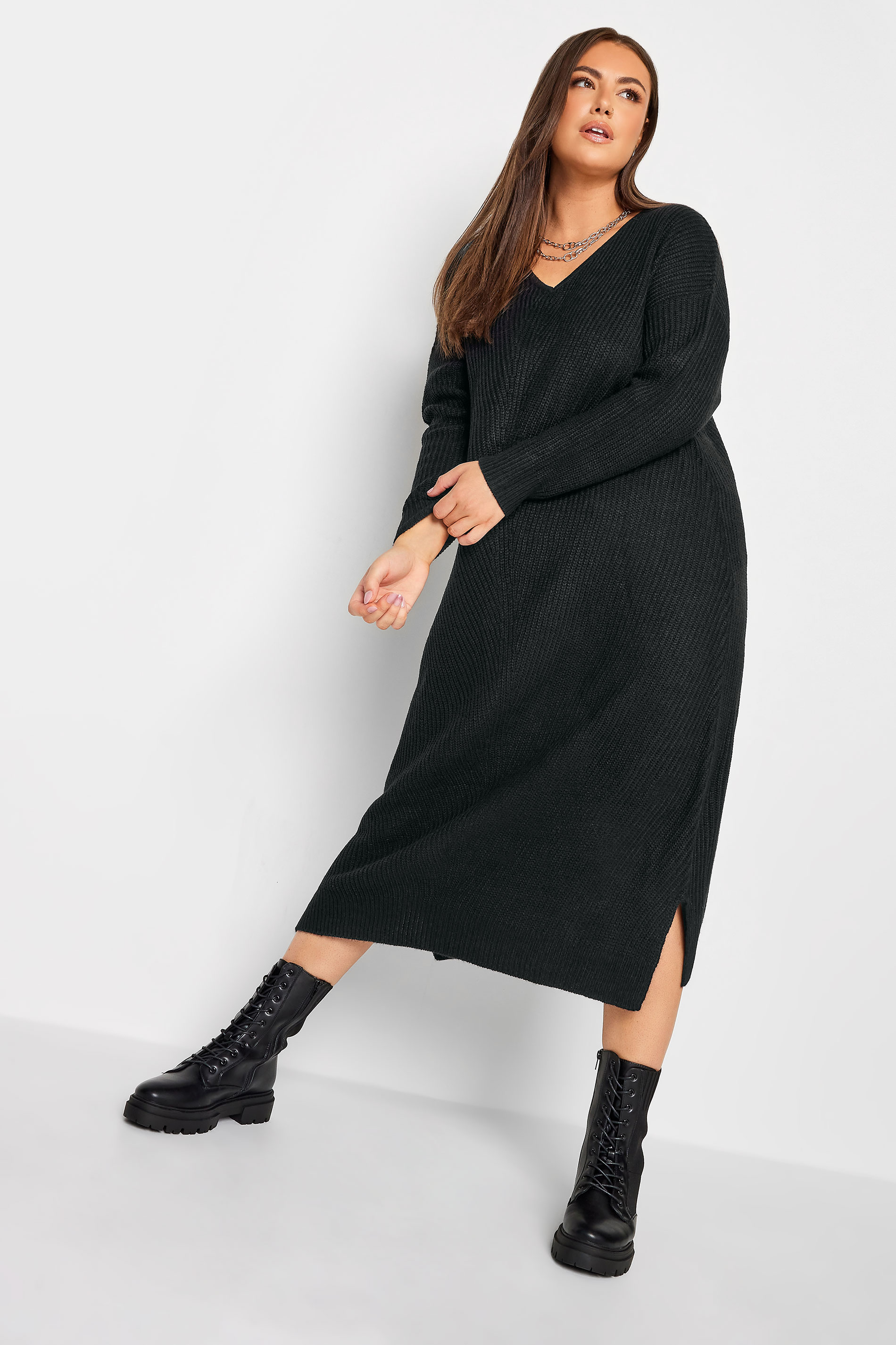 YOURS Plus Size Black Midaxi Knitted Jumper Dress | Yours Clothing 1