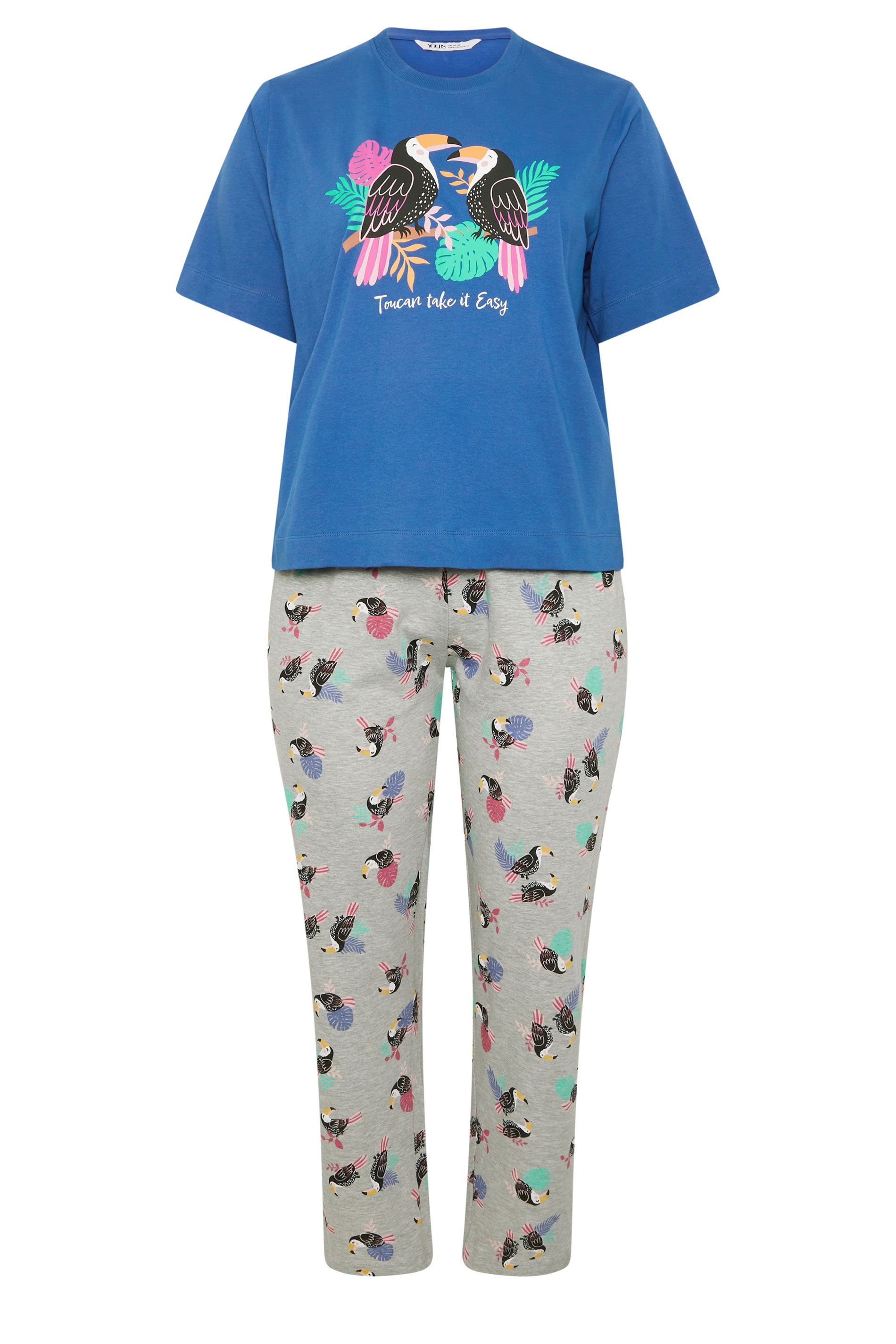 YOURS Plus Size Blue 'Toucan Take It Easy' Slogan Wide Leg Pyjama Set | Yours Clothing 5