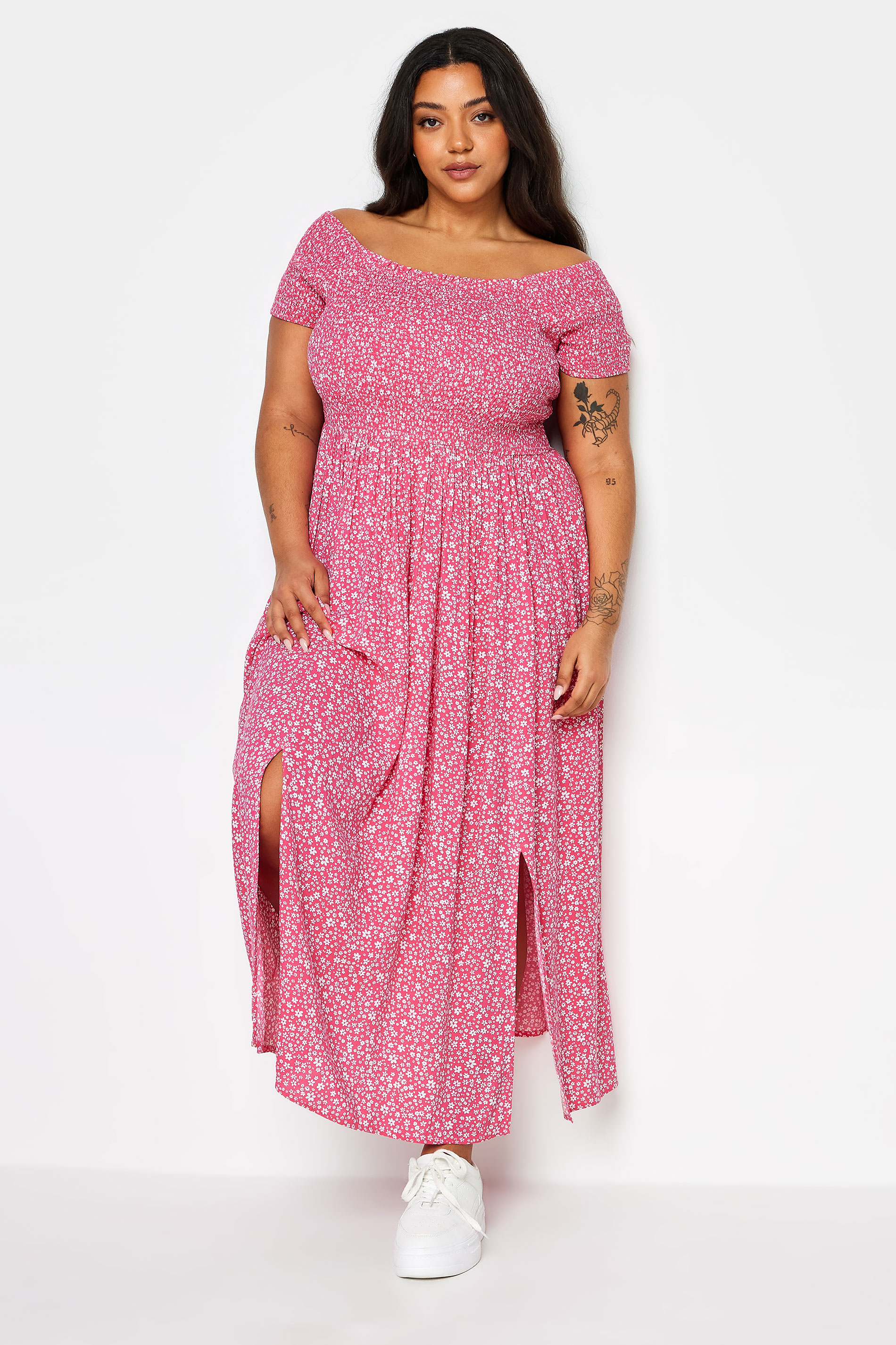 YOURS Plus Size Pink Ditsy Floral Print Shirred Bardot Maxi Dress | Yours Clothing 1