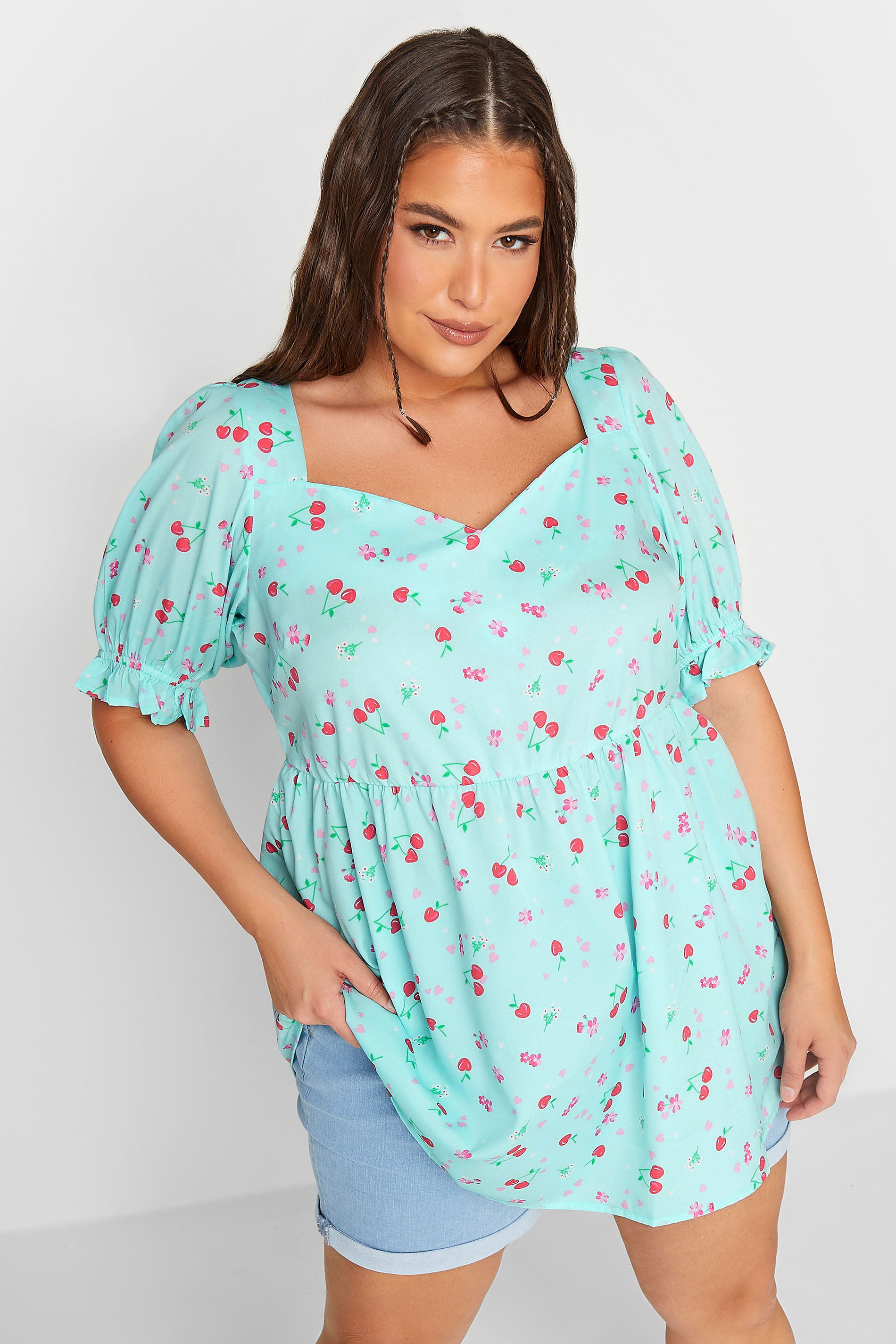 LIMITED COLLECTION Plus Size Curve Blue Cherry Print Peplum Top | Yours Clothing  2