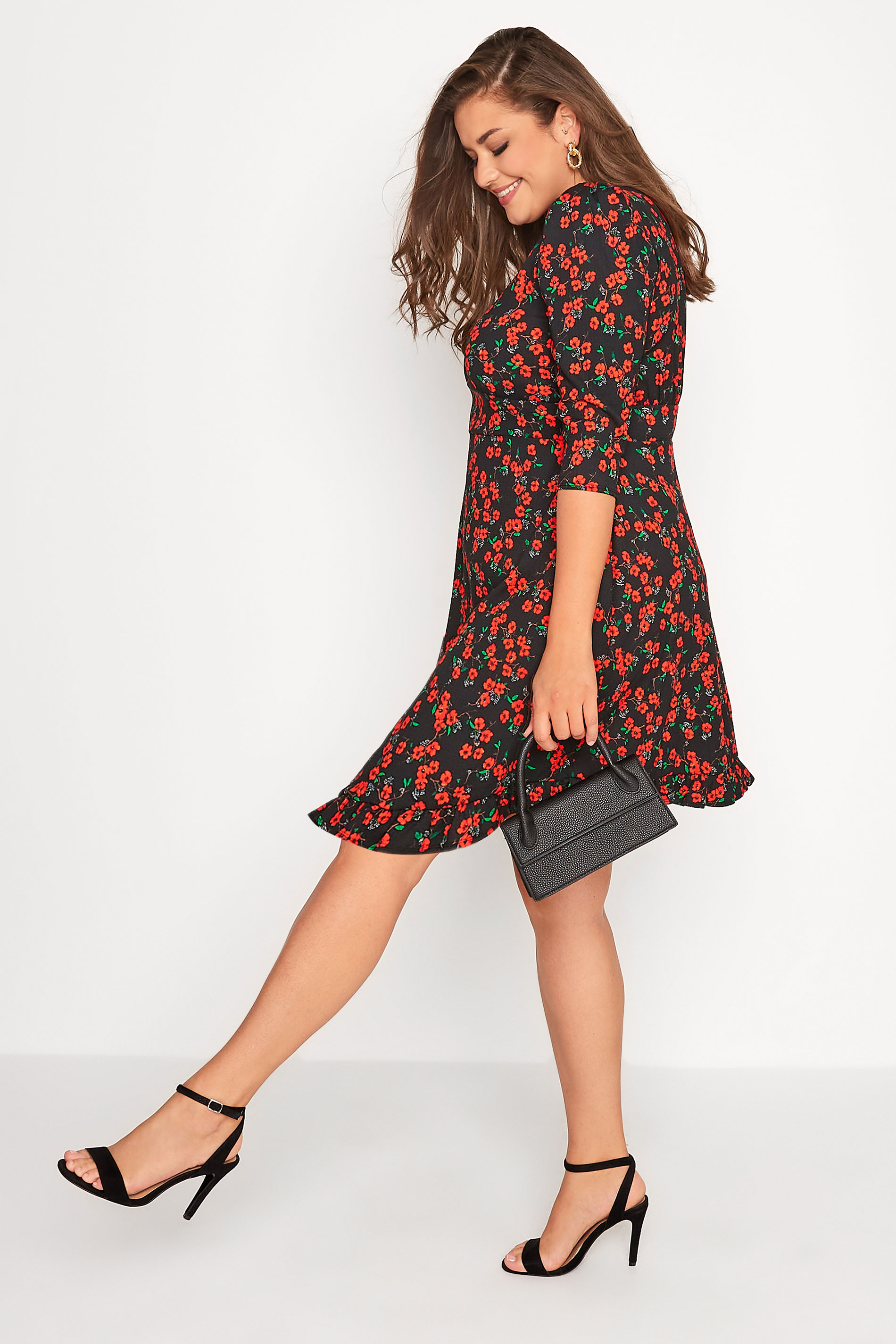 Plus Size Black & Red Ditsy Print Frill Trim Dress | Yours Clothing 2