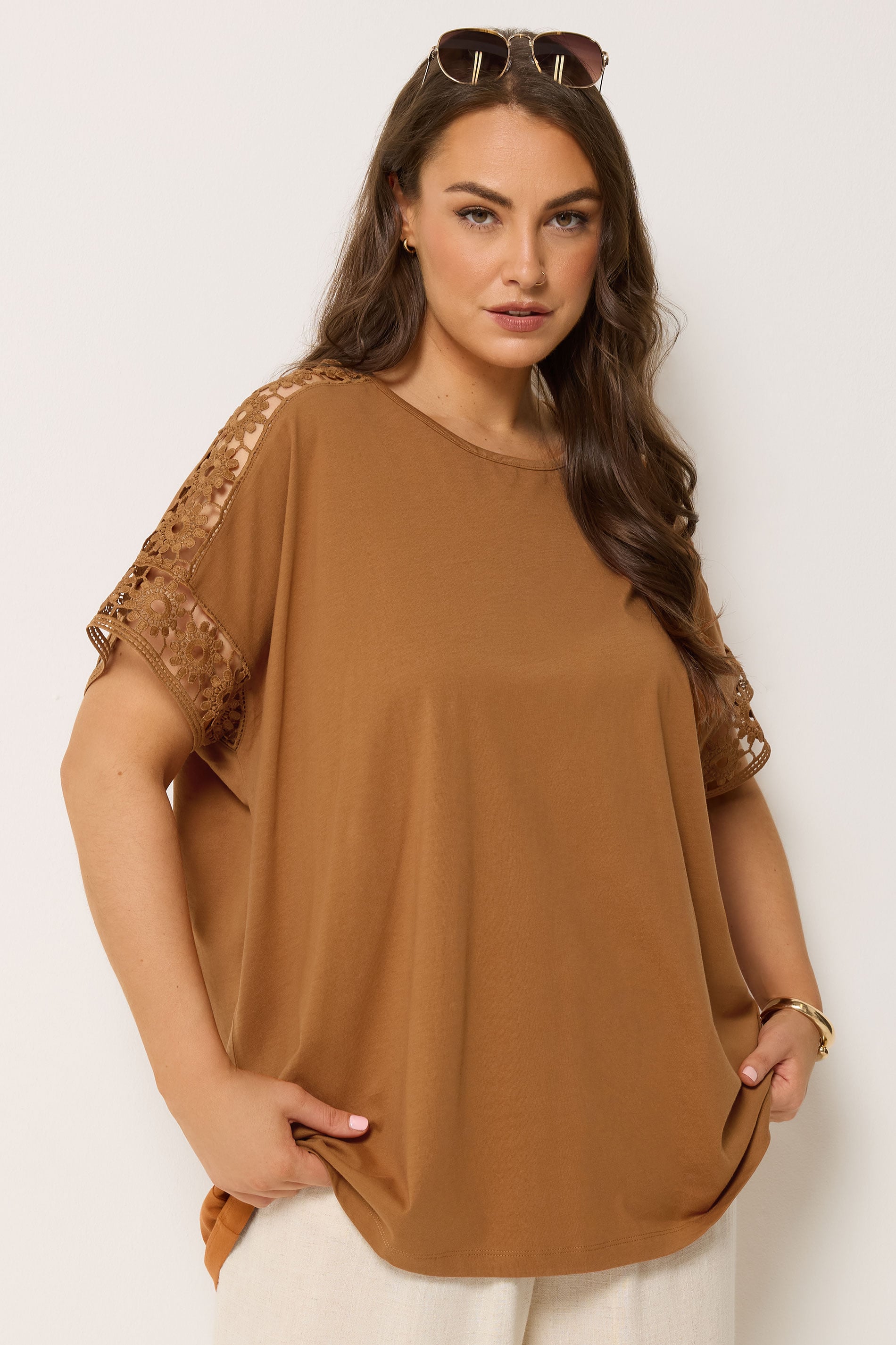 YOURS Curve Orange Crochet Sleeve Boxy T-Shirt | Yours Clothing 3