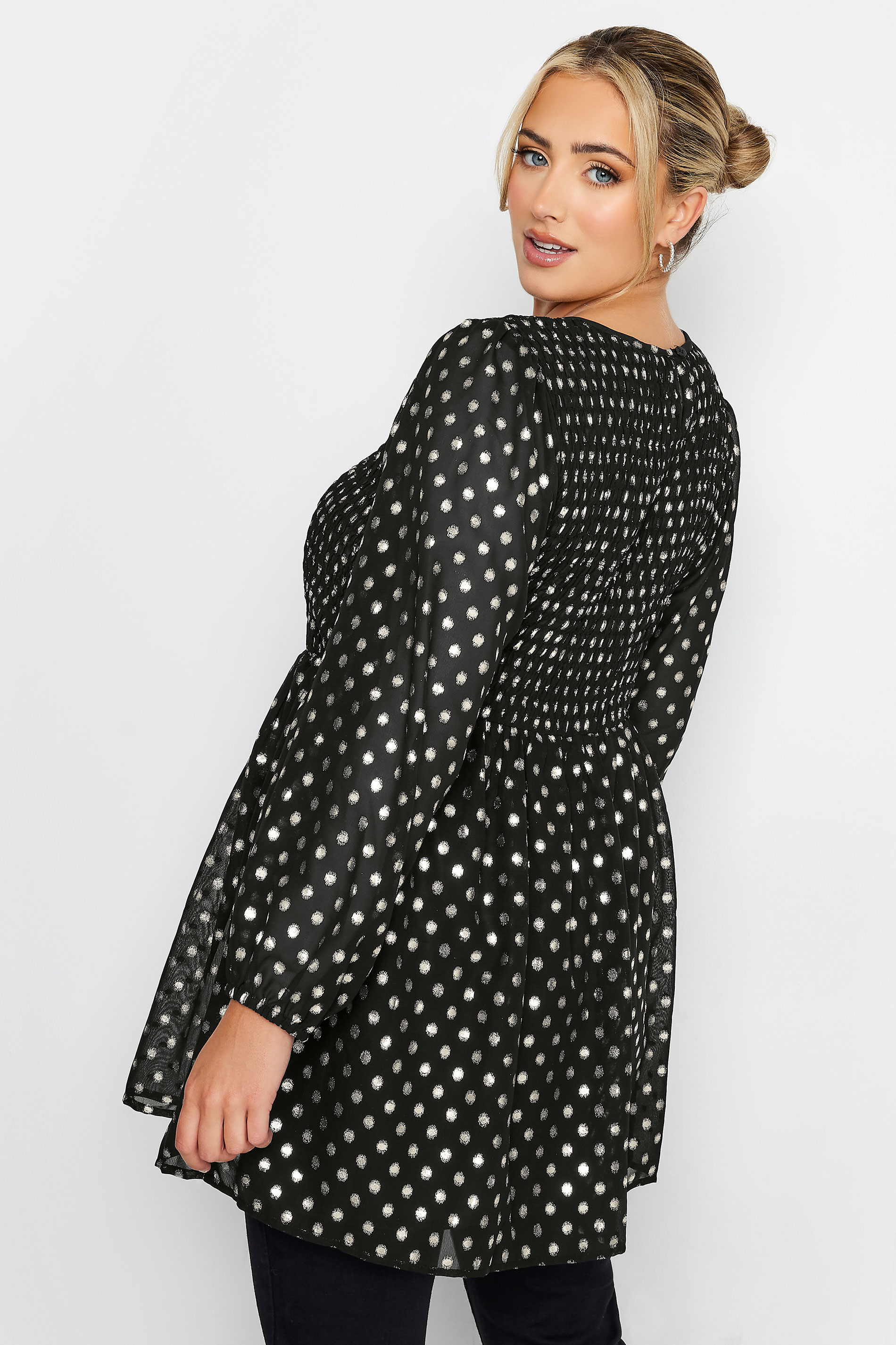 Plus Size Black And Silver Metallic Spot Print Shirred Peplum Top Yours