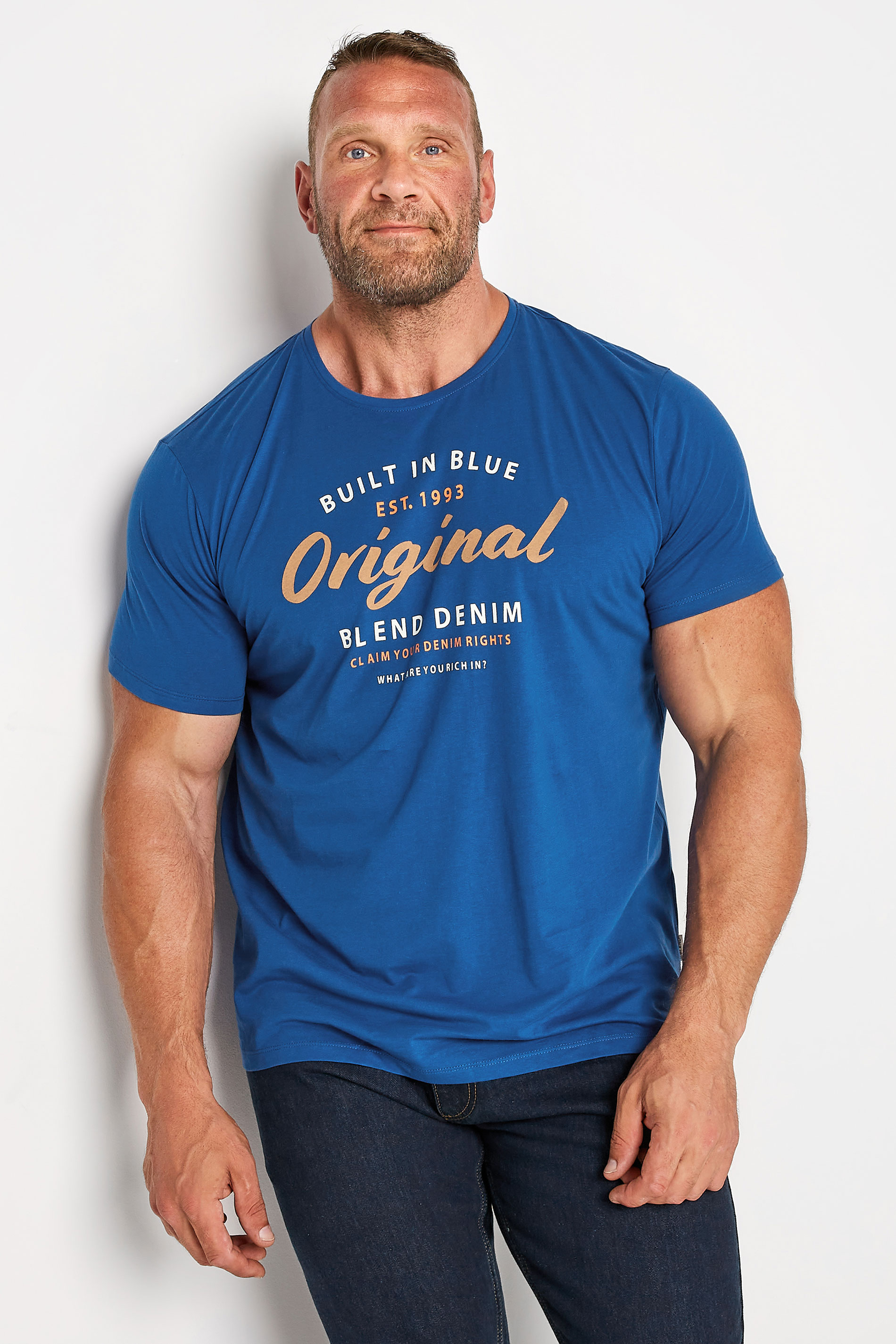 BLEND Big & Tall Blue Printed Logo T-Shirt | BadRhino 1
