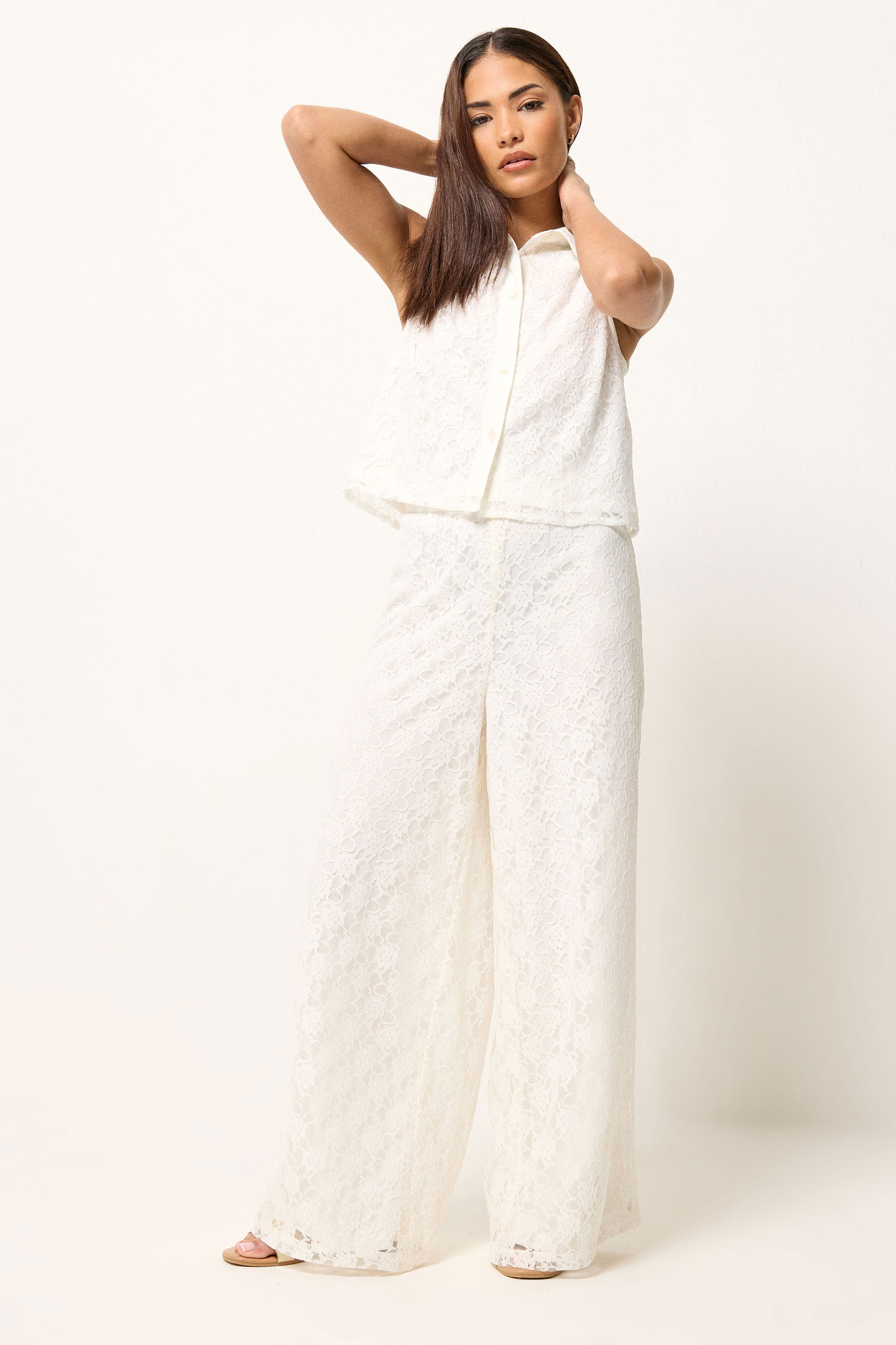 PixieGirl Petite Women's Set White Lace Lined Shirt & Wide Leg Trousers | PixieGirl 2