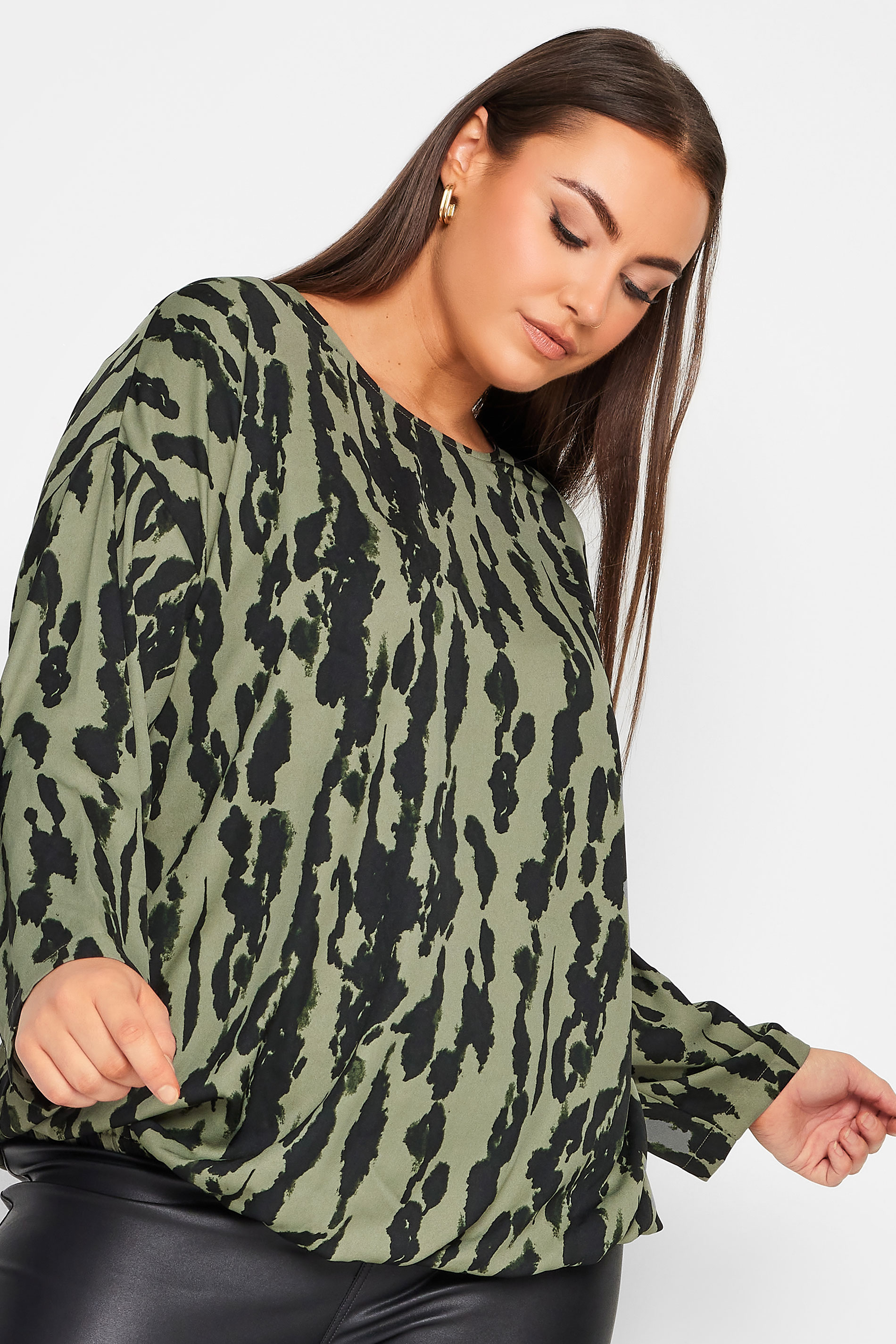 YOURS Curve Khaki Green Abstract Print Bubble Hem Top | Yours Clothing 1