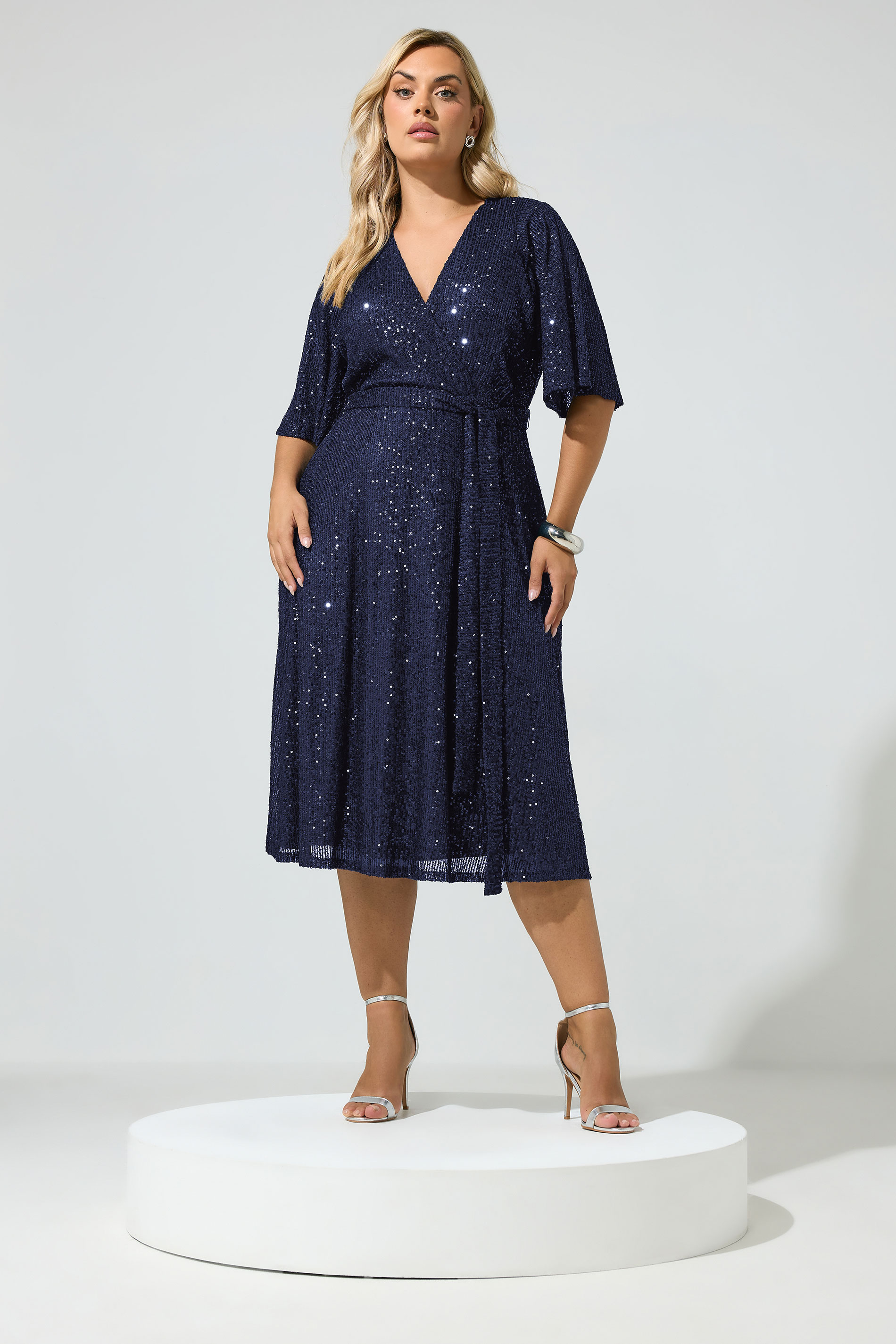 Yours London Women's Plus Size Navy Blue Sequin Wrap Dress Size 16
