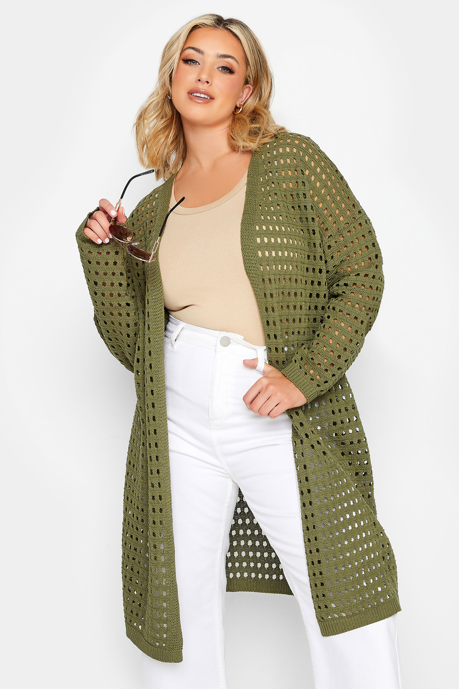 YOURS Plus Size Khaki Green Crochet Cardigan | Yours Clothing 1