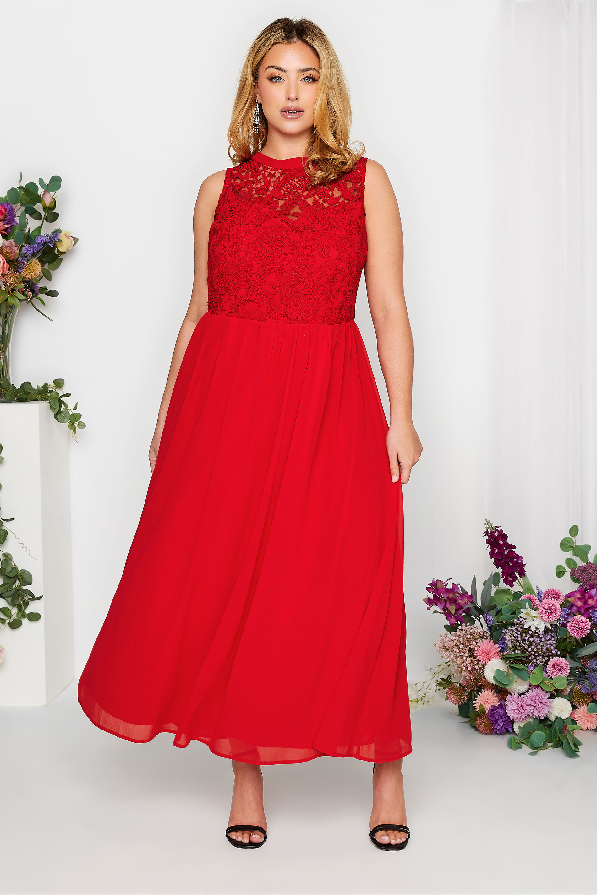Plus Size YOURS LONDON Curve Red Lace Front Chiffon Maxi Dress | Yours Clothing  1