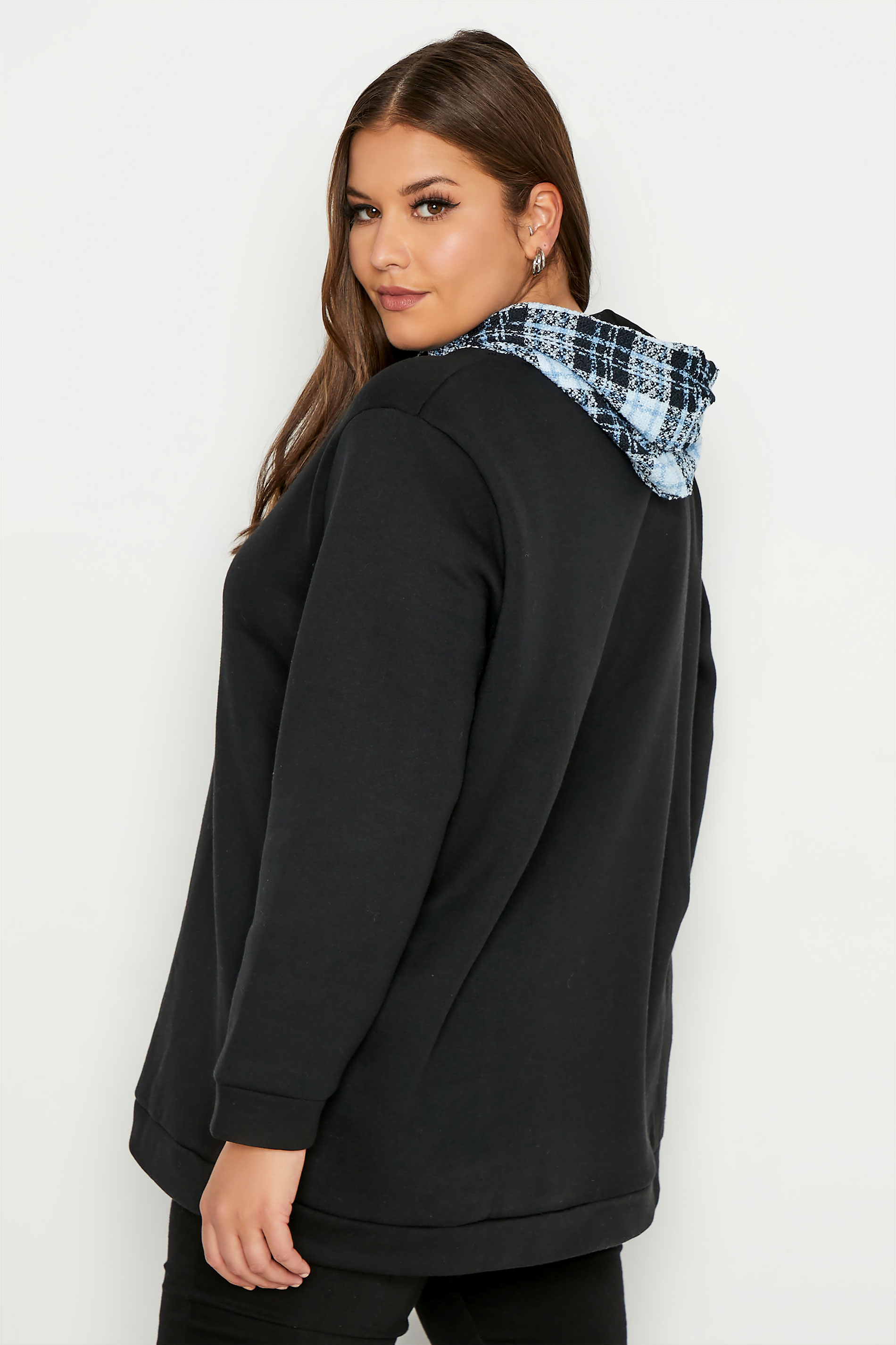 Plus Size Black Check Detail Hoodie | Yours Clothing 3