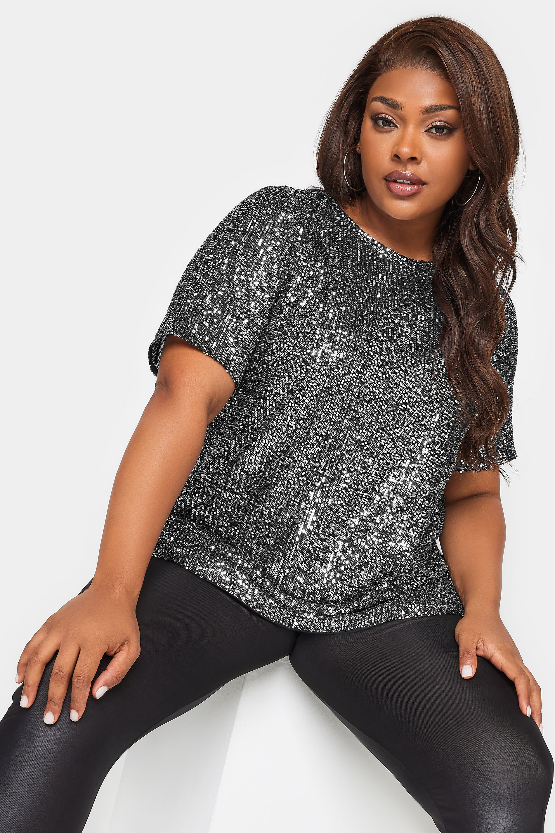 YOURS LONDON Plus Size Silver Sequin Swing Top | Yours Clothing 1