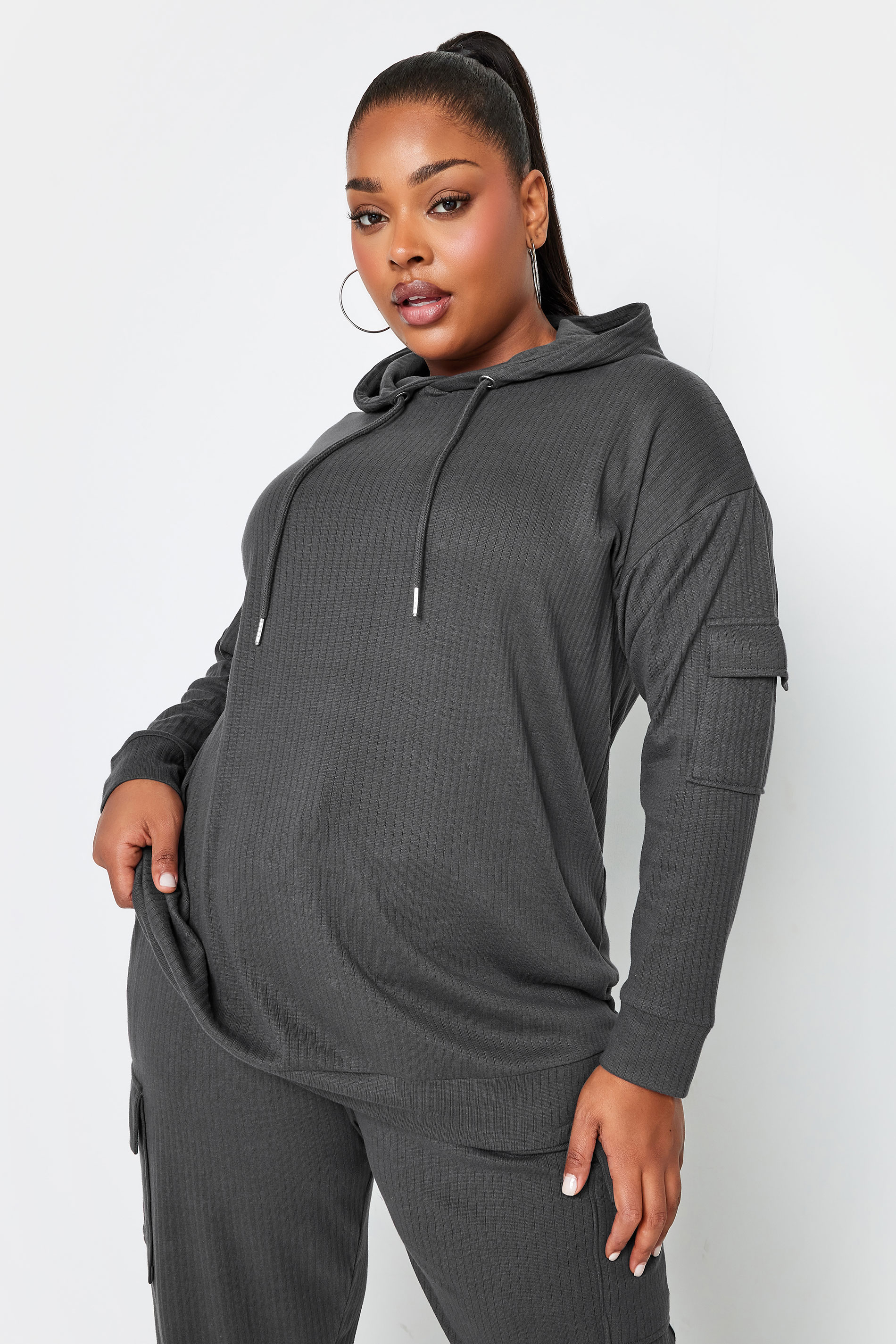 YOURS Plus Size Charcoal Grey Ribbed Cargo Hoodie | Yours Clothing 1