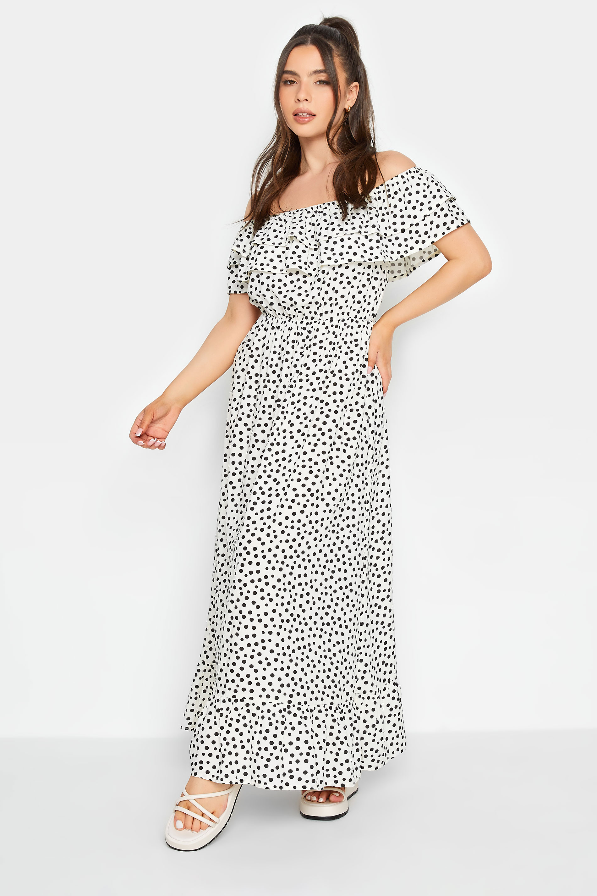 PixieGirl White Polka Dot Frill Bardot Maxi Dress | PixieGirl 1