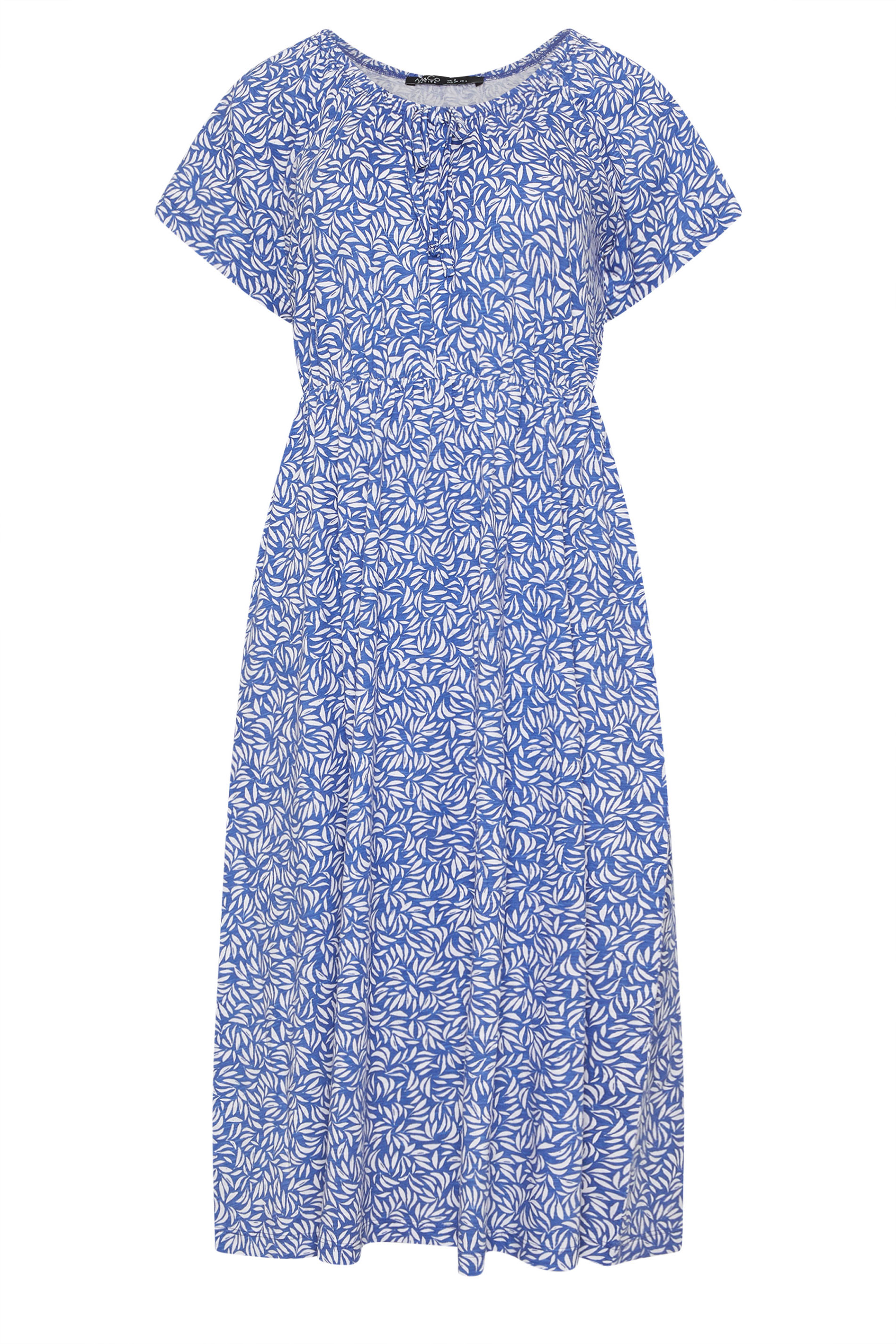 M&Co Petite Blue Leaf Print Tie Neck Cotton Midi Dress | M&Co 5