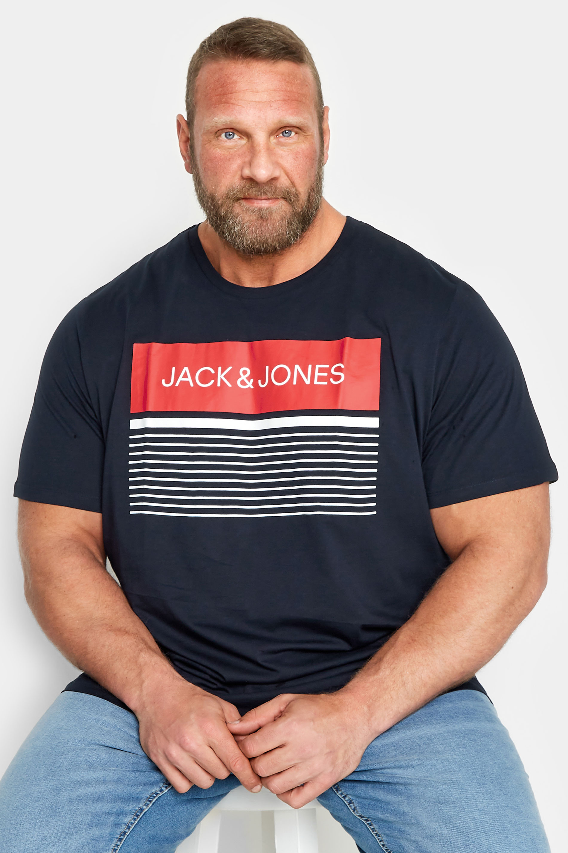 JACK & JONES Big & Tall Navy Blue Stripe Logo Print T-Shirt | BadRhino 1
