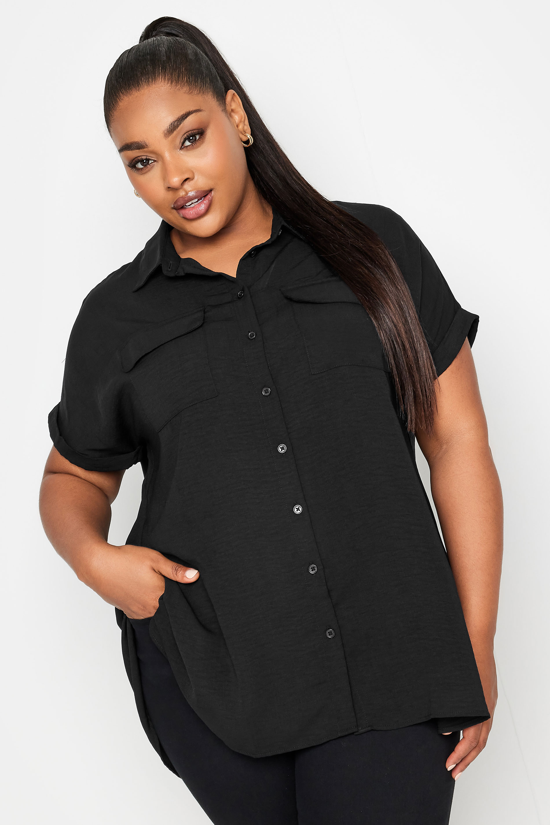 YOURS Curve Plus Size Black Utility Short Sleeve Shirt | Yours Clothing  1