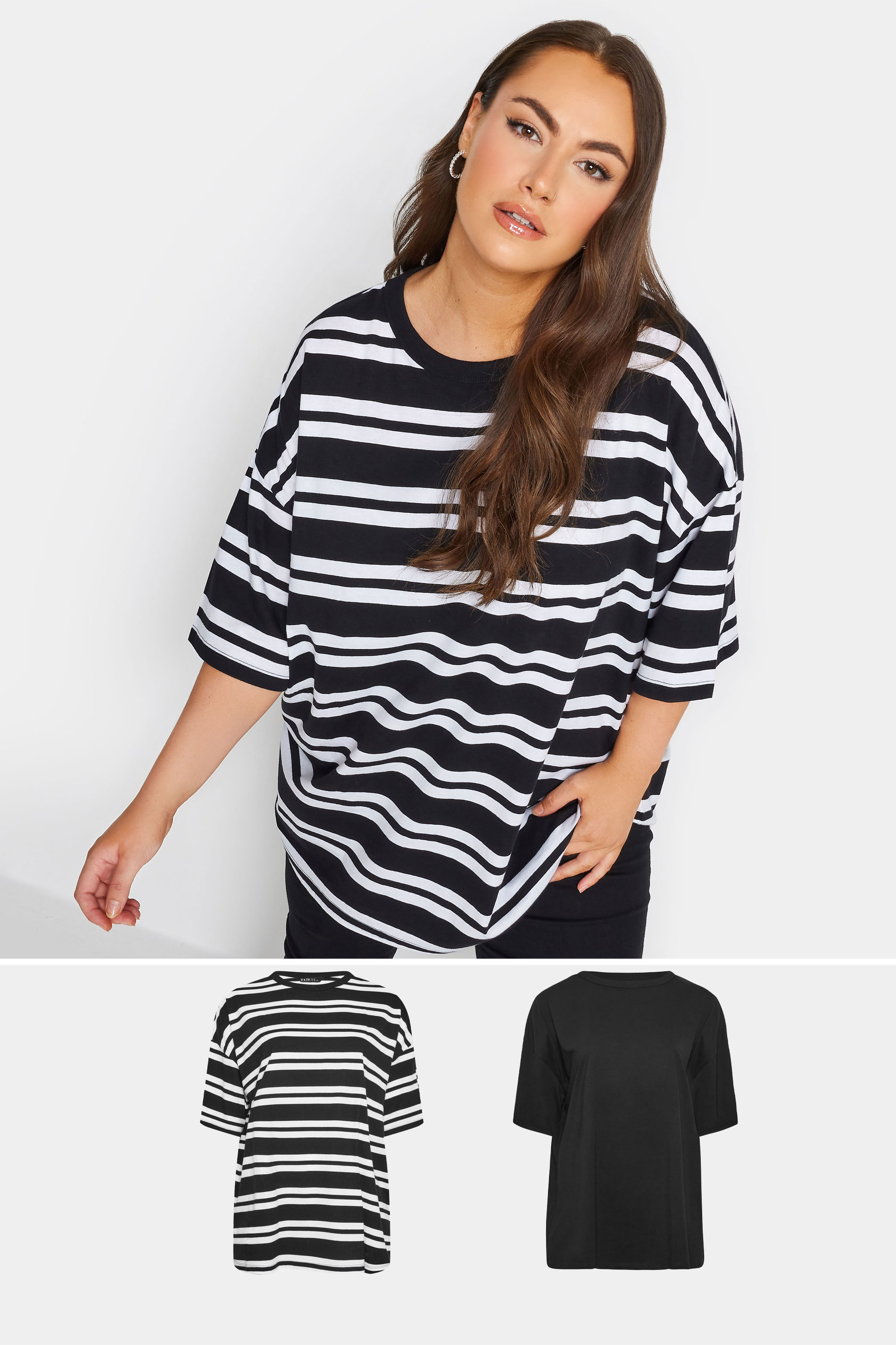 YOURS 2 PACK Plus Size Black Stripe Print Cotton T-Shirts | Yours Clothing  1