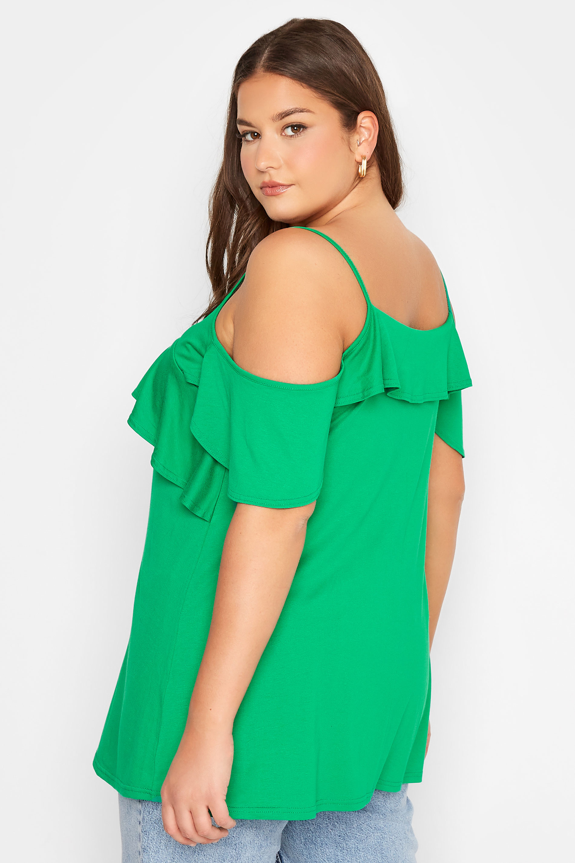 Plus Size Apple Green Frill Cold Shoulder Top | Yours Clothing 3