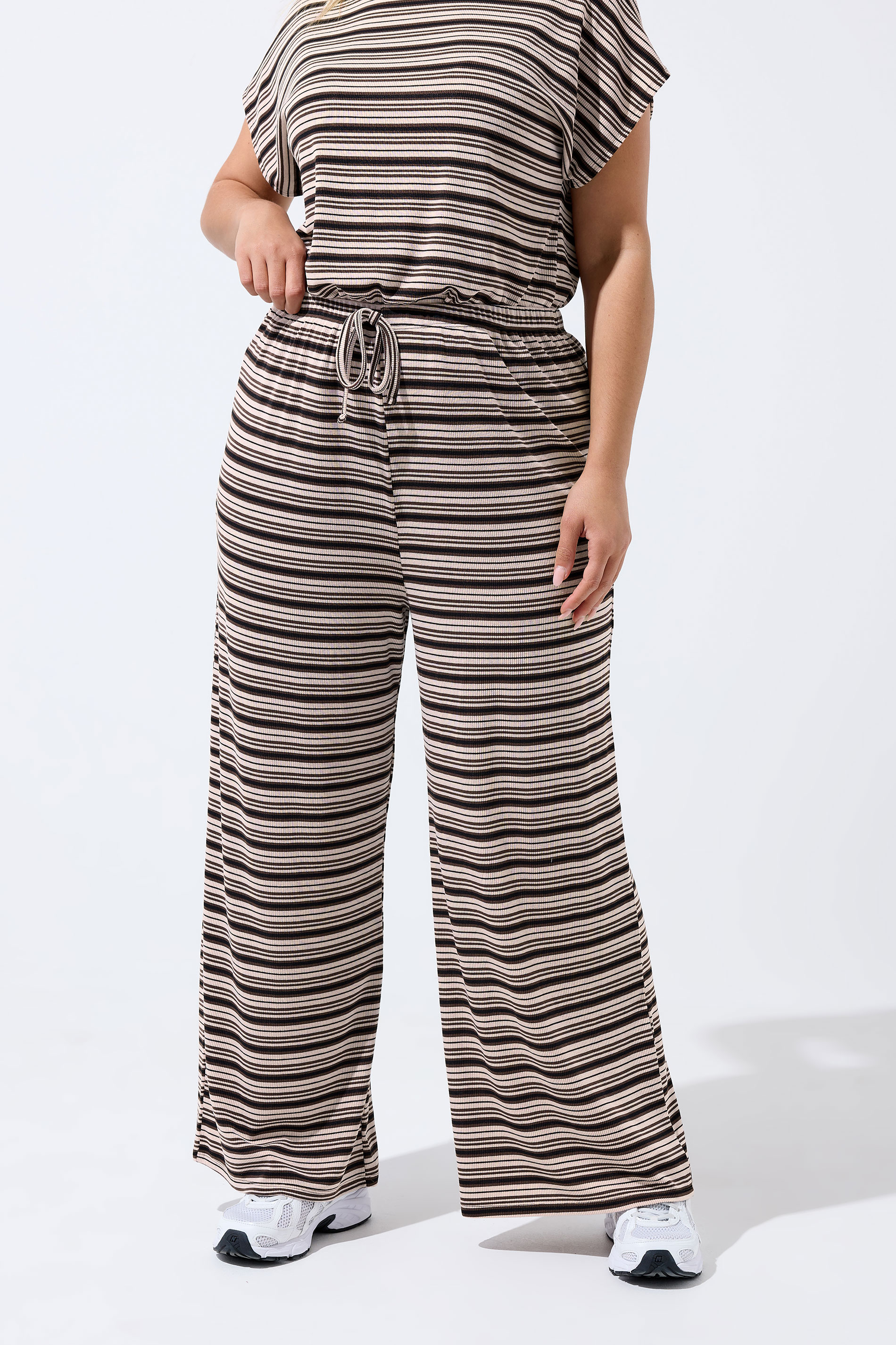 LIMITED COLLECITON Plus Size Brown Stripe Ribbed Wide Leg Trousers | Yours Clothing 1