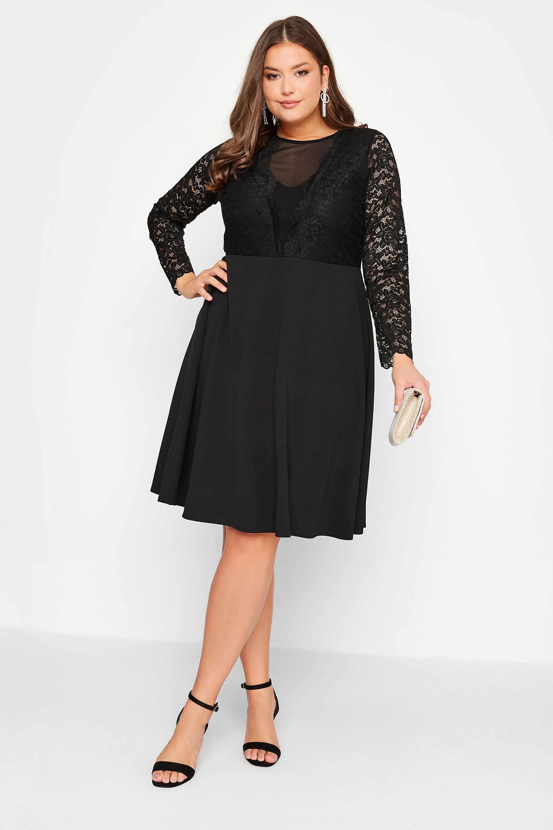  YOURS LONDON Plus Size Black Lace Plunge Skater Dress | Yours Clothing 2